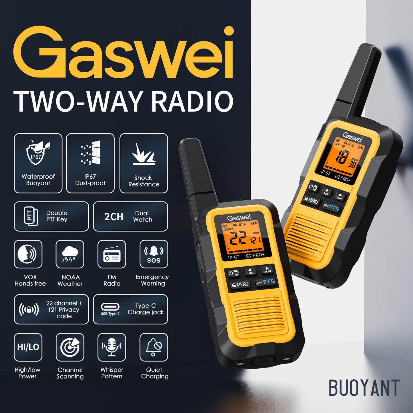 Gaswei G2Pro+ Heavy-Duty Walkie Talkies IP67 Waterproof Two-Way Radios with NOAA Weather Alert & Floating | 2-Watt Long Range for Job Sites, Hunting | Dual PTT, FM Radio, SOS, VOX（4pack）