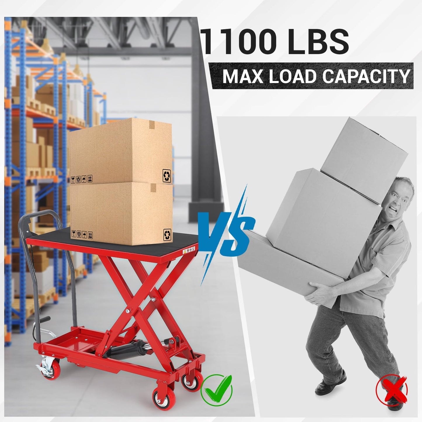 Garvee Hydraulic Lift Table Cart, 1100 LBS Capacity 32" Lifting Height Single Scissor Lift Table with 4 Wheels & Non-Slip Pad, for Material Handling and Transportation, Red