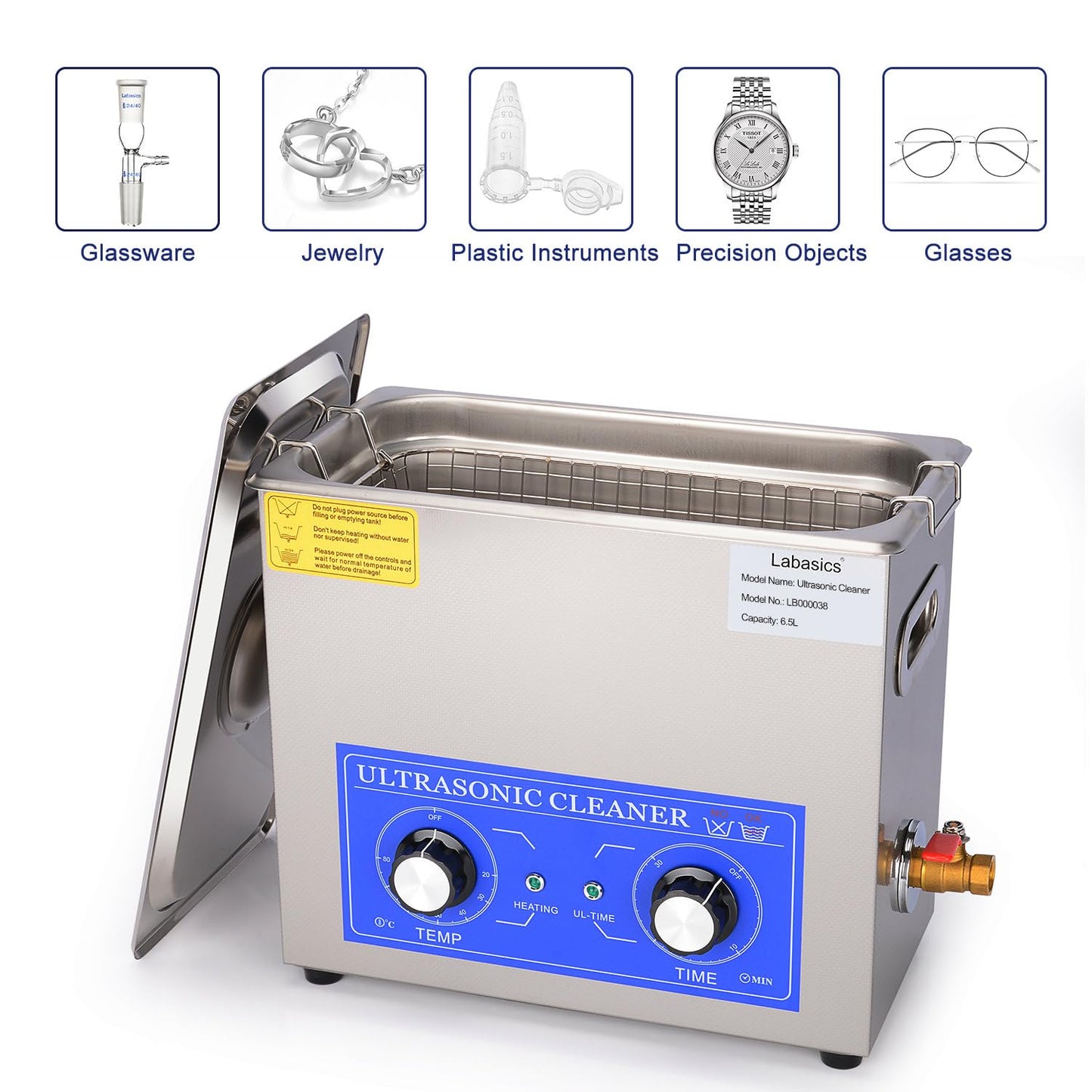 Labasics Ultrasonic Cleaner, 304 Stainless Steel All-purpose Ultrasonic Washing Device with Mechanic Control Panel of Heating and Timer for Laboratory 40kHz 110V, 6.5L