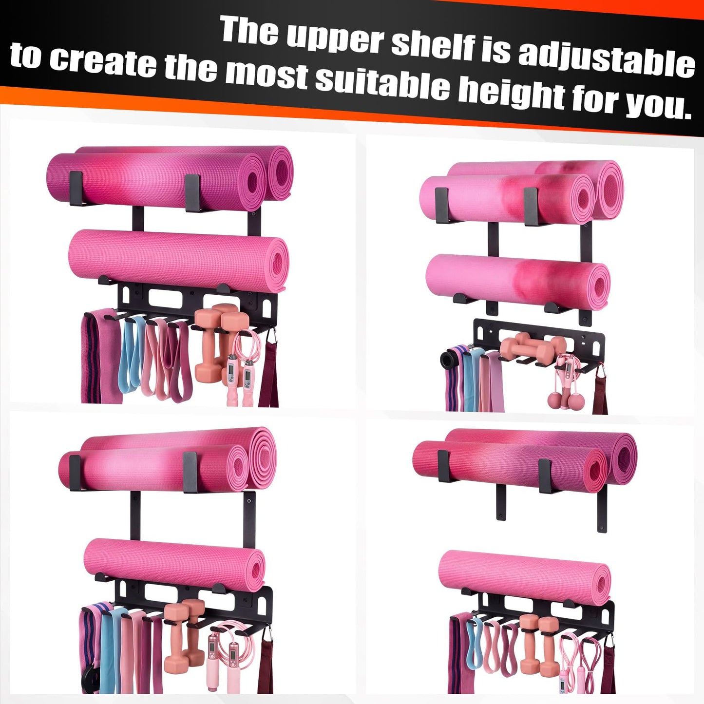 Novabright Gym Storage Rack Resistance Band Rack Multi Purpose Wall Mount for Home 8 Hook Wall Hanger Display with 4 Adjustable Hooks for Gym Equipment, Exercise Bands, Lifting Belts and Jump Ropes