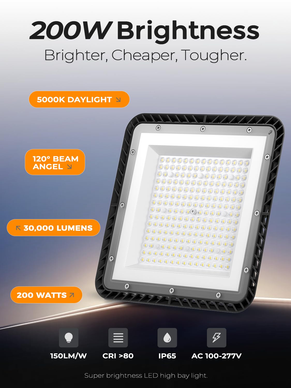 ONLYLUX UFO LED High Bay Lights 200W Upgraded Square, 30000LM 5000K Daylight High Bay LED Shop Lights for Warehouse Workshop Factory Gym, IP65 Waterproof Shop Lights, 120V-277V Garage Light (6 Pack)