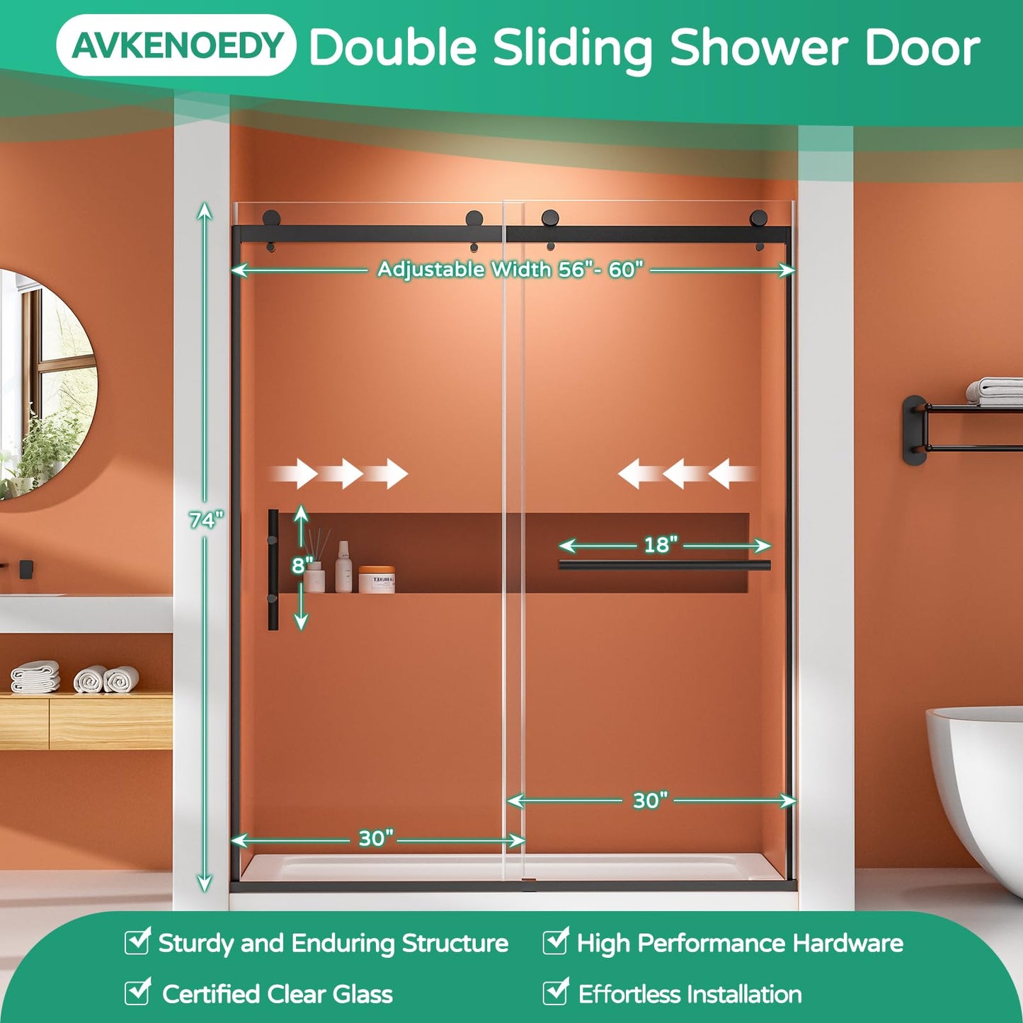 AVKENOEDY Shower Door 60" W x 74" H Framed Shower Door, Double Sliding Shower Door with 1/4" (6mm) Thick Tempered Glass, Explosion-Proof Film Nano Coating Matte Black