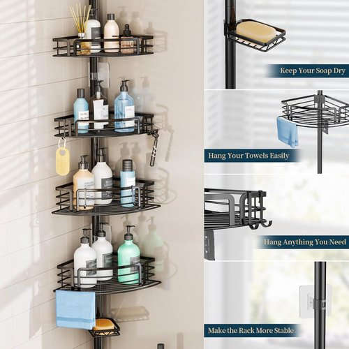 Consumest Corner Shower Caddy Tension Pole - Rustproof Adjustable Bath Organizer with Towel Bar & Soap Holder, 27.6-108.3 Inch, Black