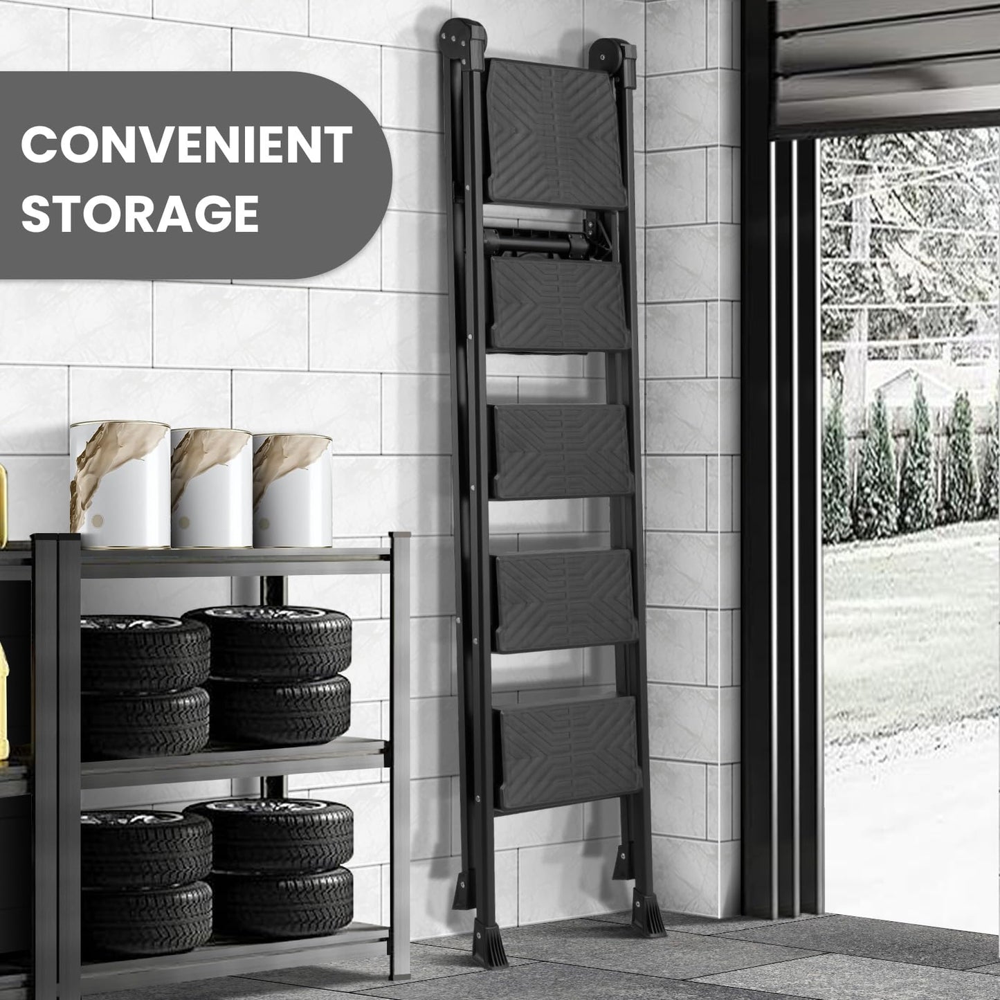 XinSunho 5 Step Ladder, Foldable Handrail & Tool Tray Stool Ladders with Anti-Slip Wide Pedal, 660 lbs Sturdy Steel Ladder for Home Kitchen and Outdoor