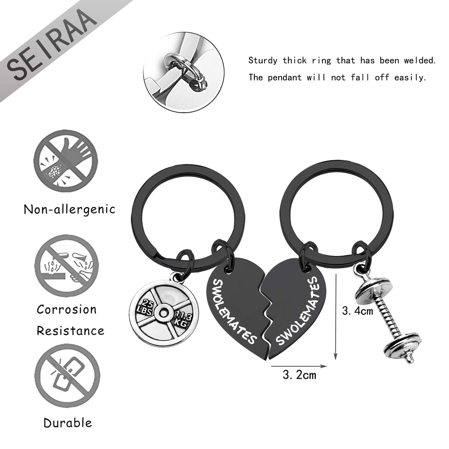 SEIRAA Keychains Workout Jewelry Fitness Gift Weightlifting Jewelry Fitness Couples Gift Friendship Keychain (keychain black)