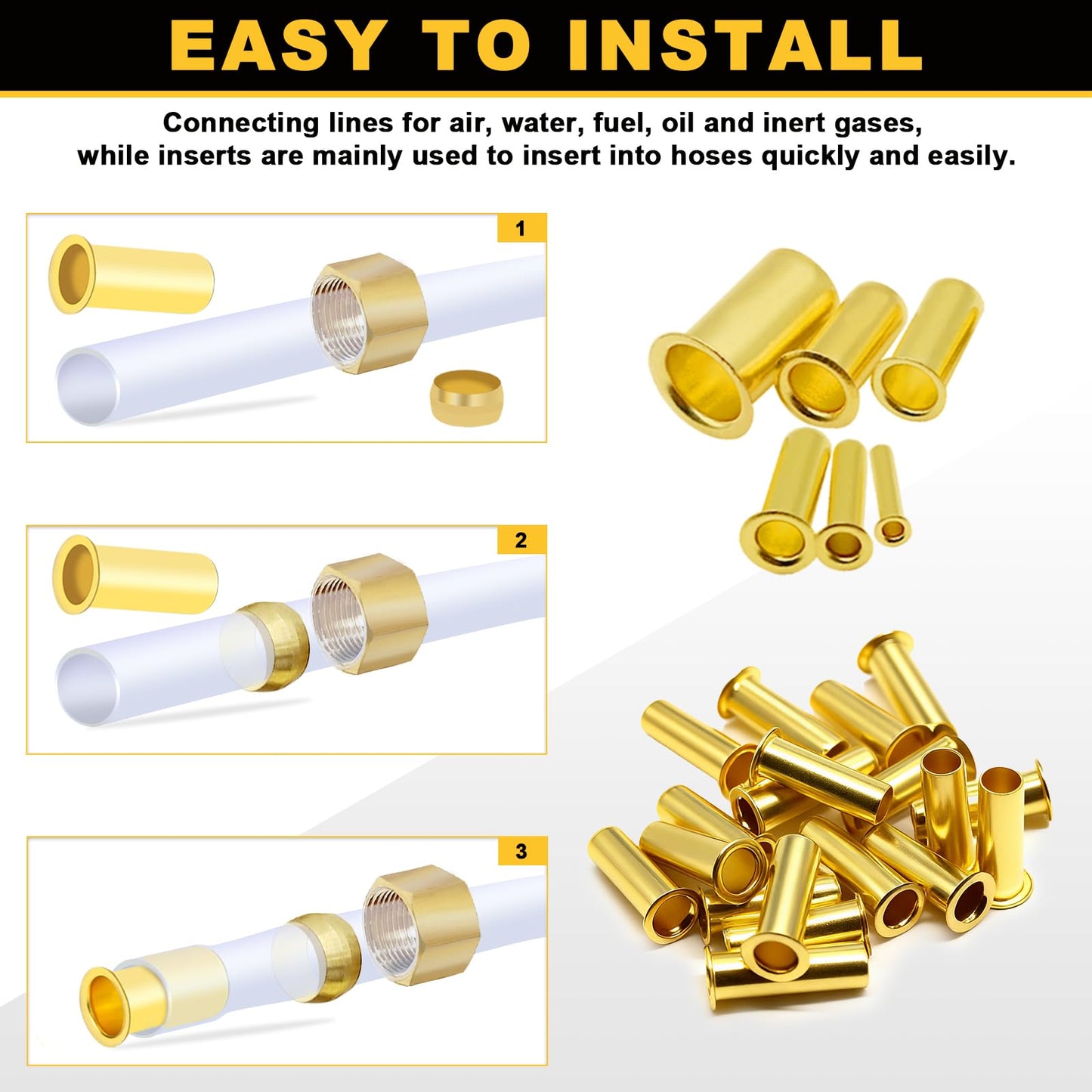 Siptenk 60PCS Brass Compression Tube Inserts for OD 3/8", Insert Tube Support Compression Sleeve Fitting, Sleeve Ferrules for Oil Water Air Pipe