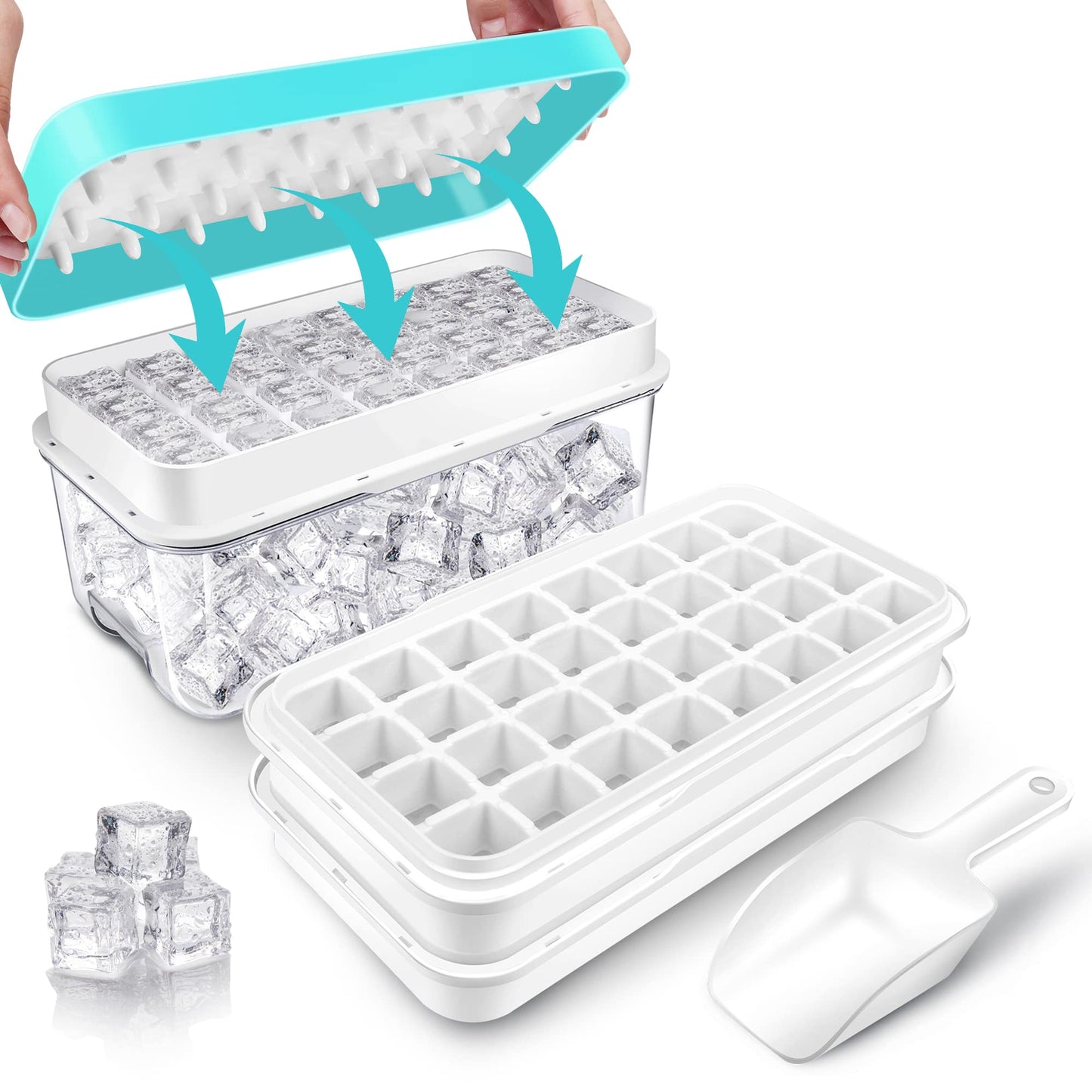 Ice Cube Trays for Freezer With Bin, Scoop, and Press Plate - 2 Tiers, Lid Included