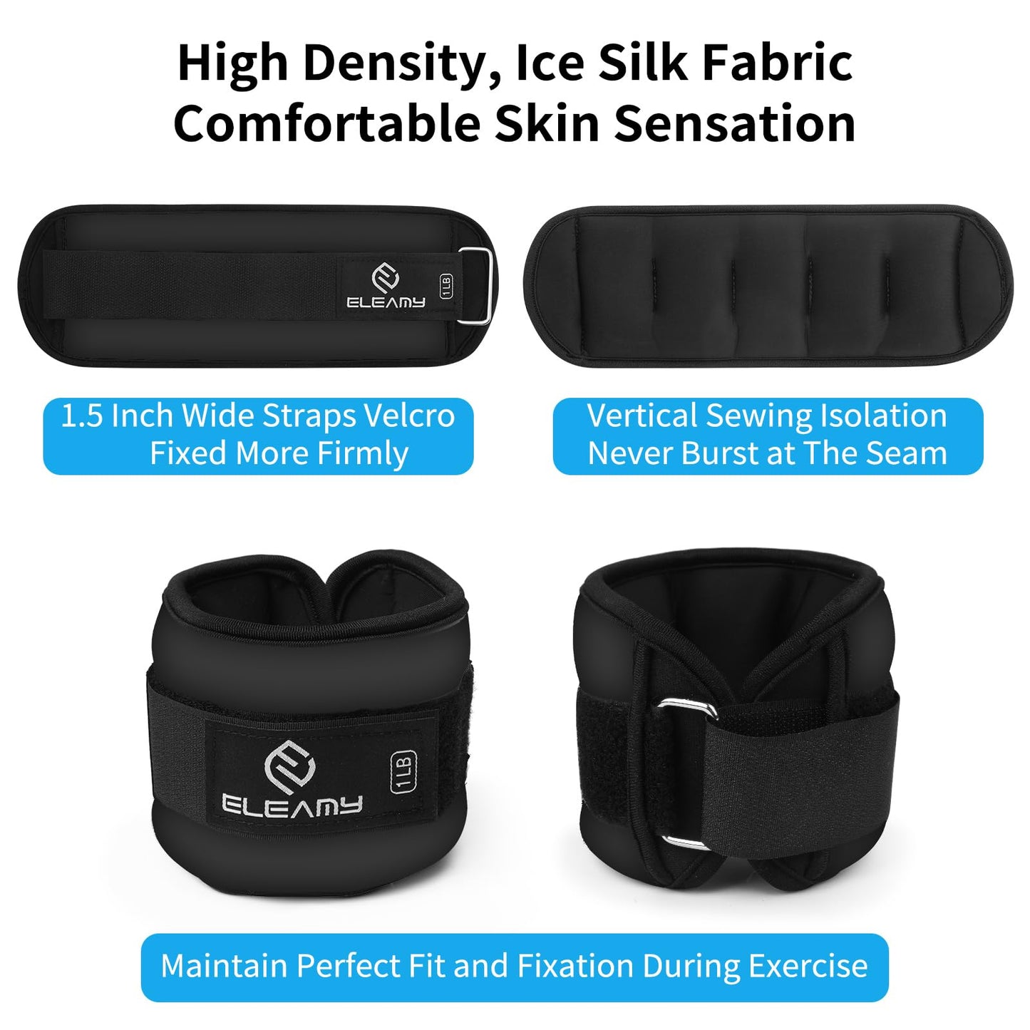 ELEAMY Ankle Weights for Women & Men - 1lb/2lb/3lb Pairs for Walking, Running, Yoga, Fitness - Premium Ice Silk Fabric - Comfortable, Durable & Tear Resistant - Black (1.0lb*2)