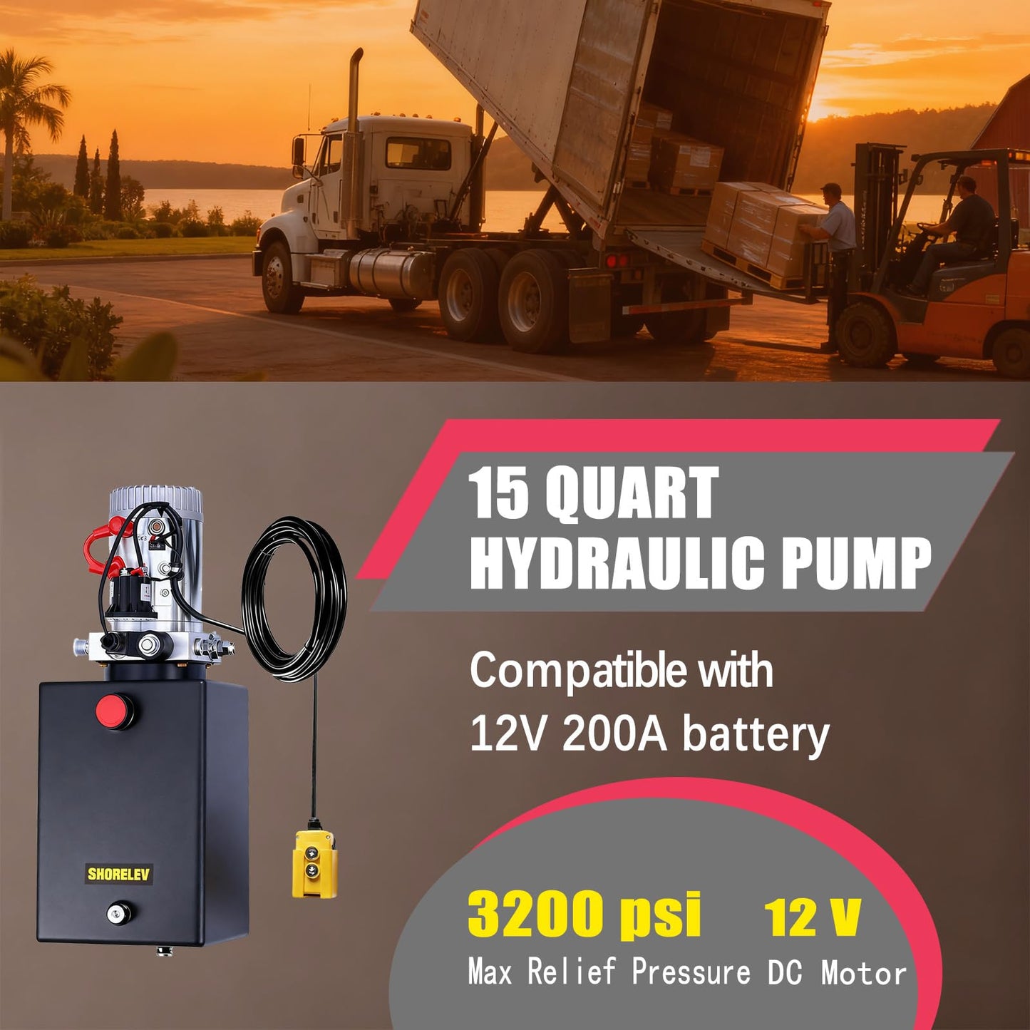 SHORELEV Hydraulic Power Unit 15 Quart with SAE#6 Connector, 12V DC Hydraulic Power Pump, 15L Single Acting Iron Reservoir, 3000 PSI for Dump Trailers, Tow Trucks, Snow Plows, Agricultural Equipment