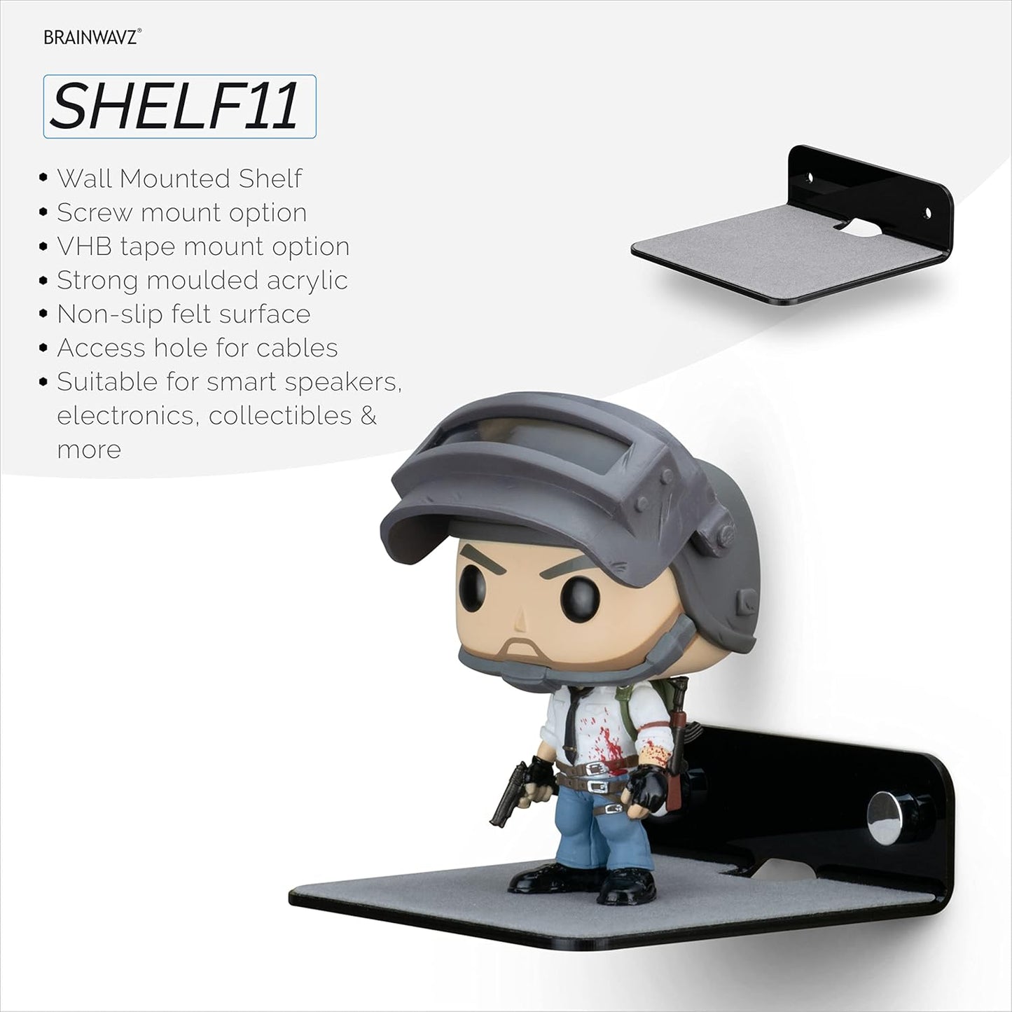BRAINWAVZ 2-Pack 4 (SHELF11 Small Floating Shelf Bluetooth Speaker Stand, Adhesive & Screw Wall Mount, Anti Slip