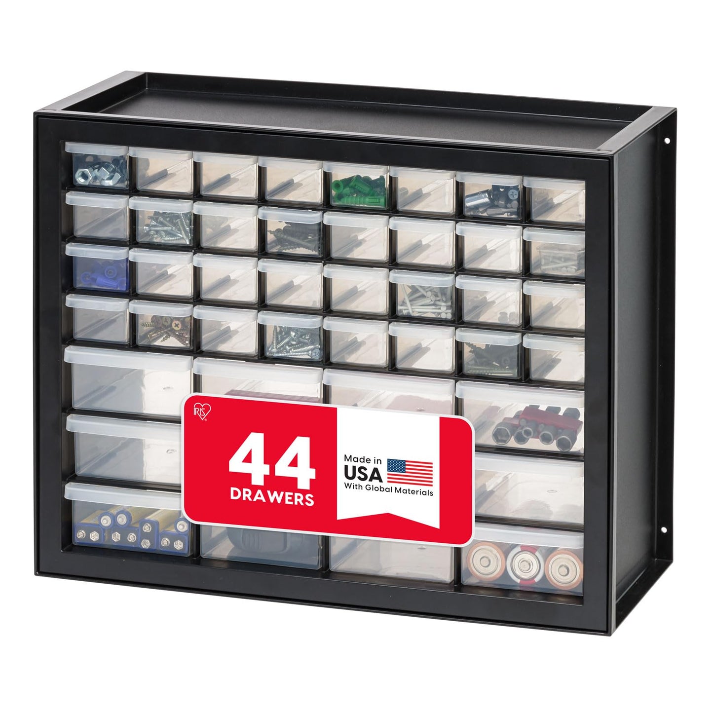 IRIS USA 44-Drawer Small Parts Organizer, Made in USA, Storage Drawers for Screws, Nuts, Bolts, Electronics, Hardware, Beads, Crafts, Building Bricks, Stackable Garage Storage Cabinet, Black