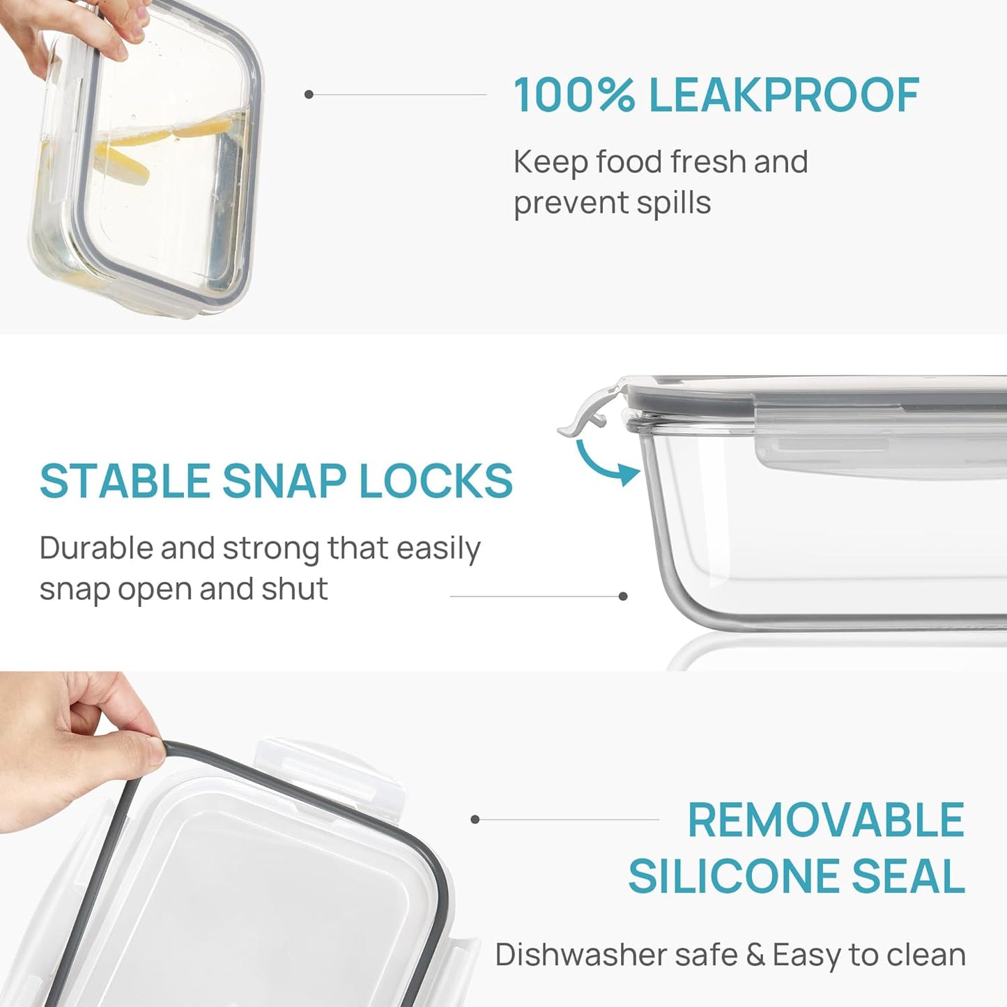 Vtopmart Large Glass Storage Containers - 2-Pack 1860ml | Airtight Lids for Meal Prep & Baking, Grey