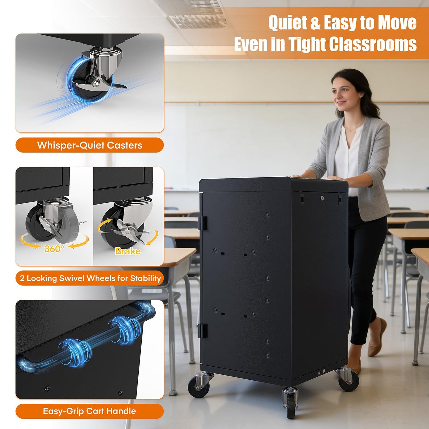 Metateel 30-Device Charging Cart for Chromebook, iPad & Laptops up to 14" – Laptop and Tablet Storage Cart with Cable Management, Circuit Breaker & Grounding Protection, Black (Assembly Required)