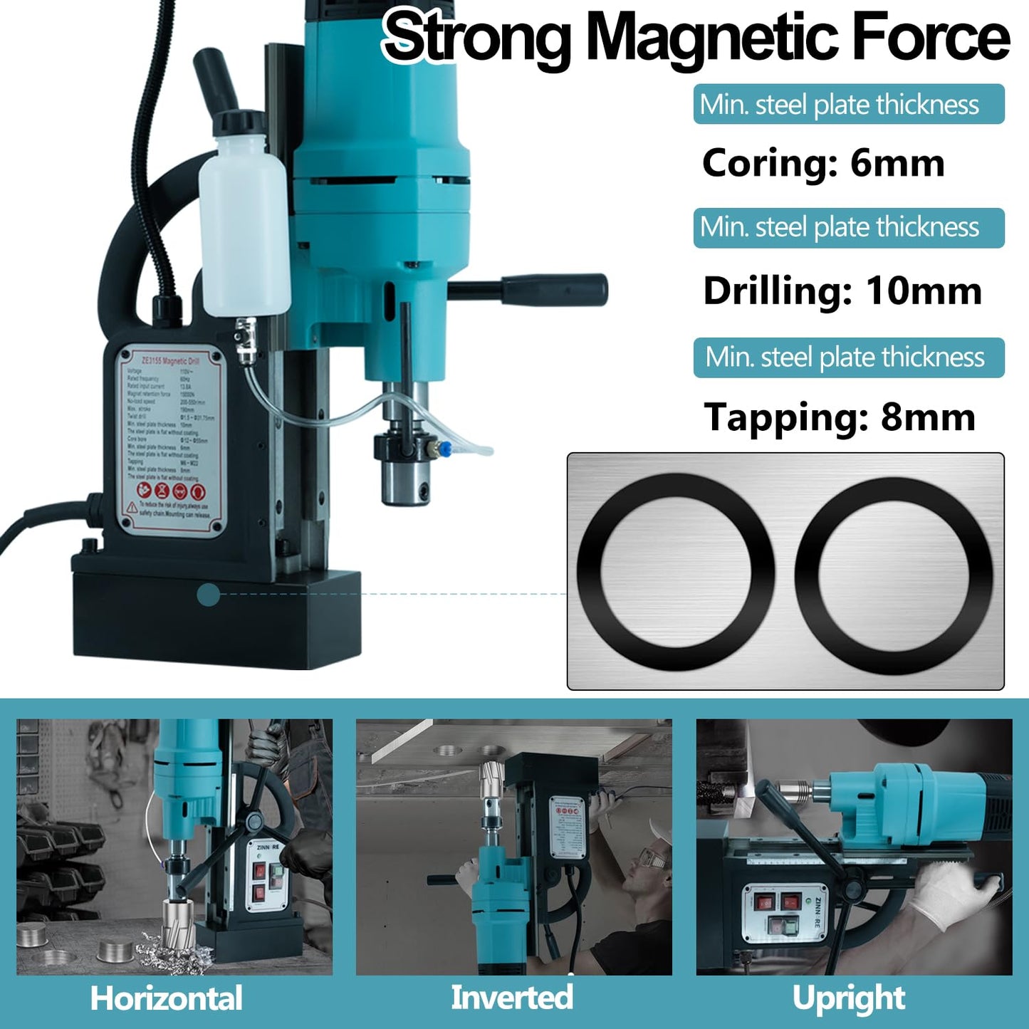 Zinnore Mag Drill Press, 1800W Magnetic Drill, 2-3/18 inch Max Boring Diameter, 3370lbf/15000N Mag Force, Portable Electric Mag Drill Press for Metal Surface