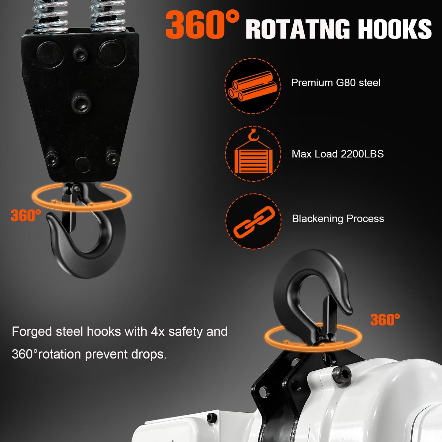 Electric Chain Hoist 2200lbs, 110V Electric Hoist, 10ft Lift Height, Single Phase Overhead Crane with Two 360° Rotatable, DT Grade Carburized Double Chain, for Garage Ceiling, Factories