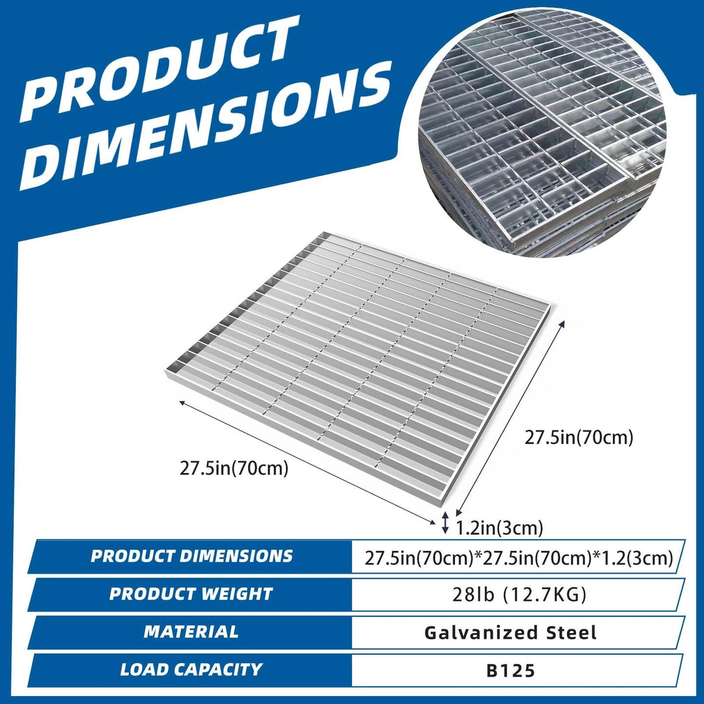 Outdoor Galvanized Steel Drain Grate, Heavy Duty Drain Cover,B125 Class Channel Grate,Rust-Proof Metal Sewer Grate,Silver Square Drainage Grate for Driveway,Garage,Yard (28 * 28in)