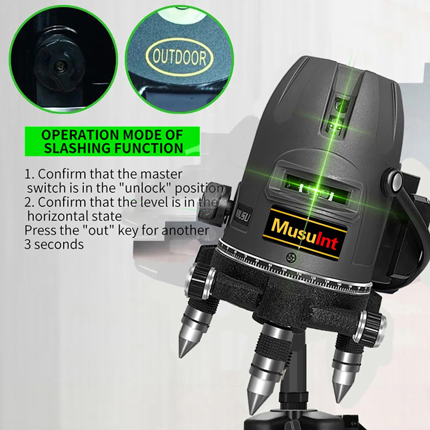 (Outdoor Laser Level) Picture Hanging Tool Green Light Lasers 5-Lines Laser Outside Leveler 360 Self Leveling Super Bright With 360° rotating base and strong light spot Digital display battery