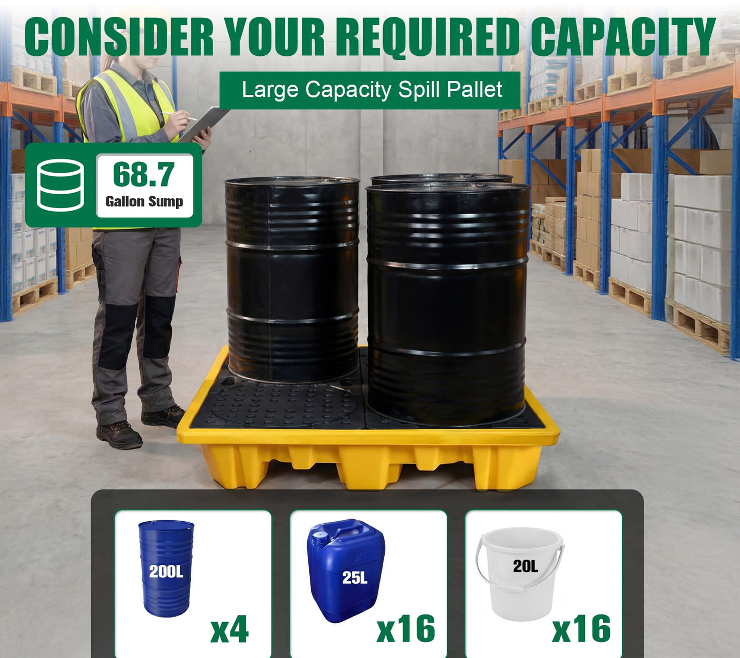 Natotela 4 Drum Large Capacity Spill Containment Pallet Platform with Drain and Forklift Pockets 69 Gallon Sump 51.2x51.2x11.8in 5511 lbs Load Spill Pallet LDPE Containment Tray for Industrial Storage