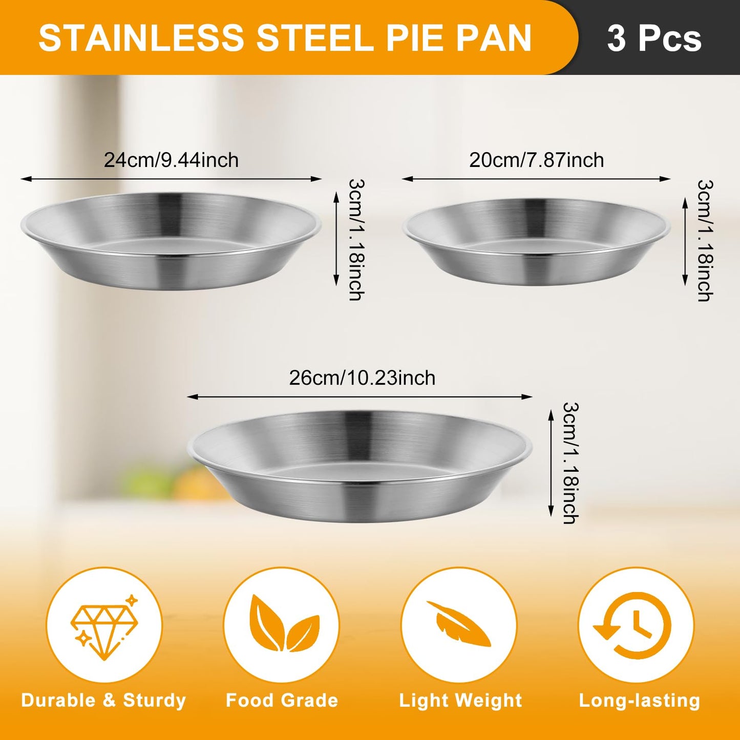 Tobeelec 3 Pcs Stainless Steel Pie Pan Set, Pizza Pan Deep Pie Dish Pie Plate Baking Tray Dishes for Pizza Baking Serving Oven Grill, 3 Sizes