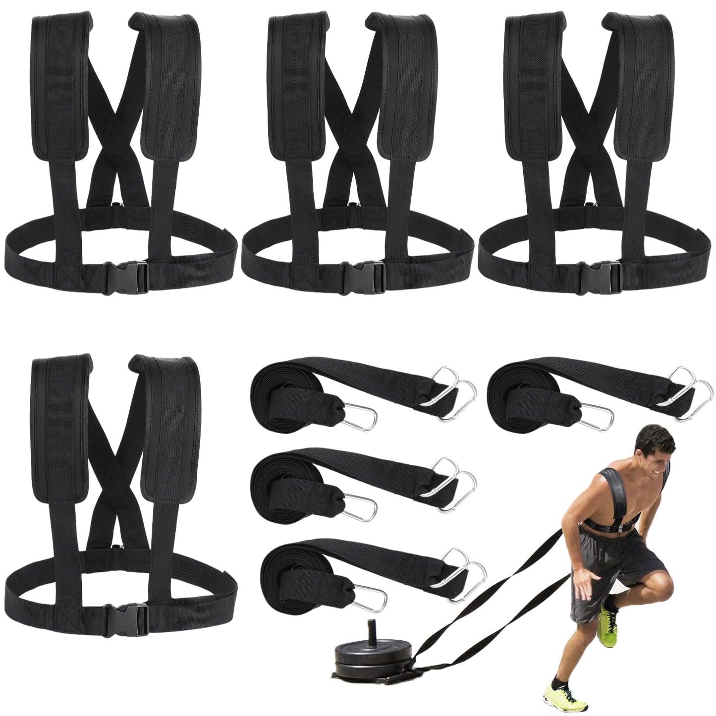 COSYOO 4 PCS Sled Harness for Exercise, Physical Football Running Resistance Training Rope Kit, Tire Pulling Harness Fitness Workout Assistance Equipment Trainer with Adjustable Padded Shoulder Strap