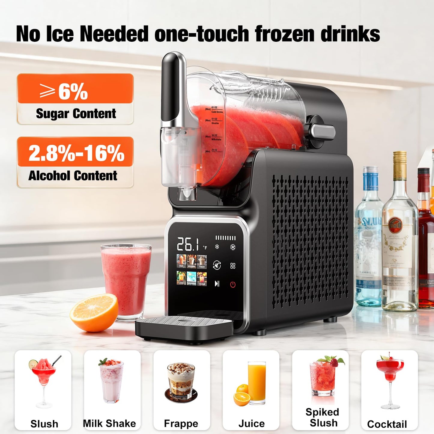 AllToU Slushie Machine No Ice Needed, Auto-Clean, 220W Quick Frozen Drink Maker with 6 Preset Programs for Margaritas, Frappés, Milk Shake and More, Slushy Machine for Home, 88oz
