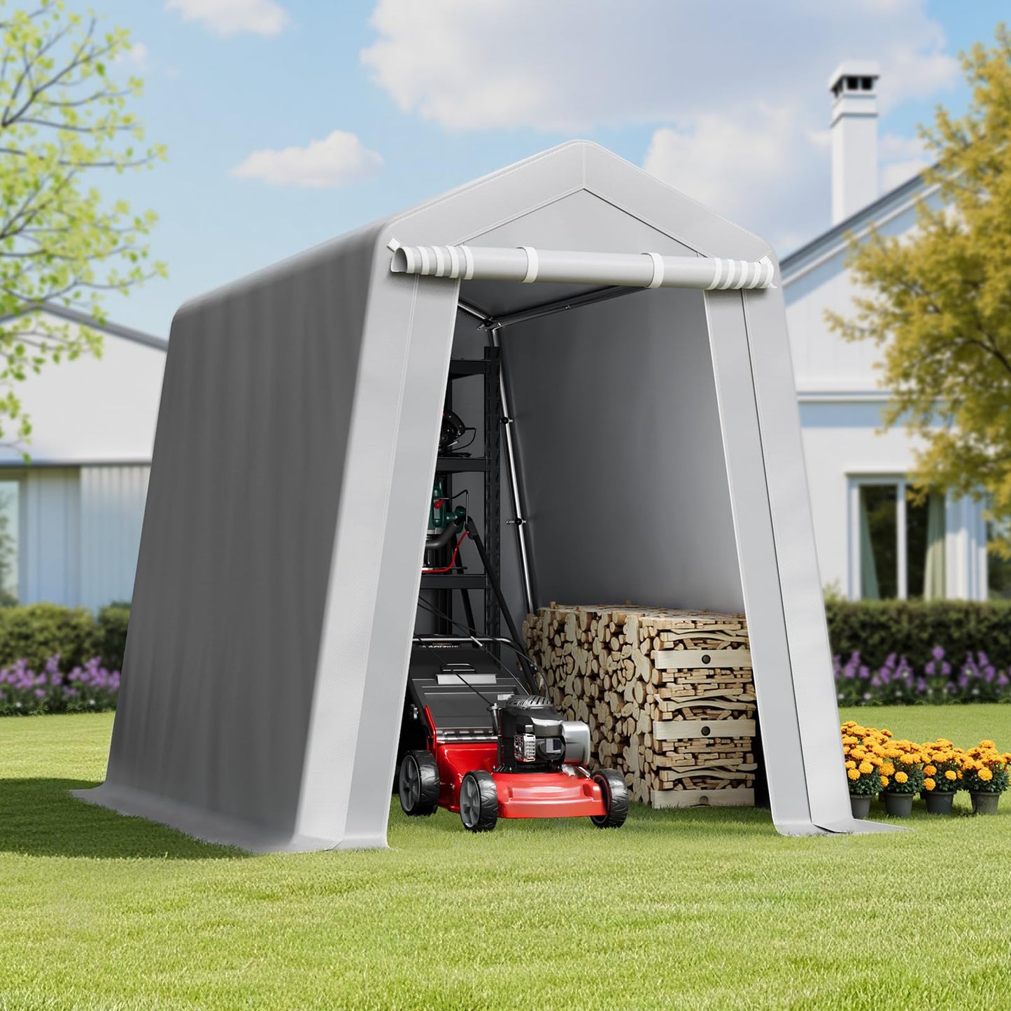 VEVOR 6x8x7 FT Heavy-Duty Portable Outdoor Storage Shed Tent, Waterproof Carport Garage Shelter with Roll-Up Zipper Door & Vents, UV-Resistant Canopy for Motorcycle, Bike, Lawn Mower, Tools, Gray