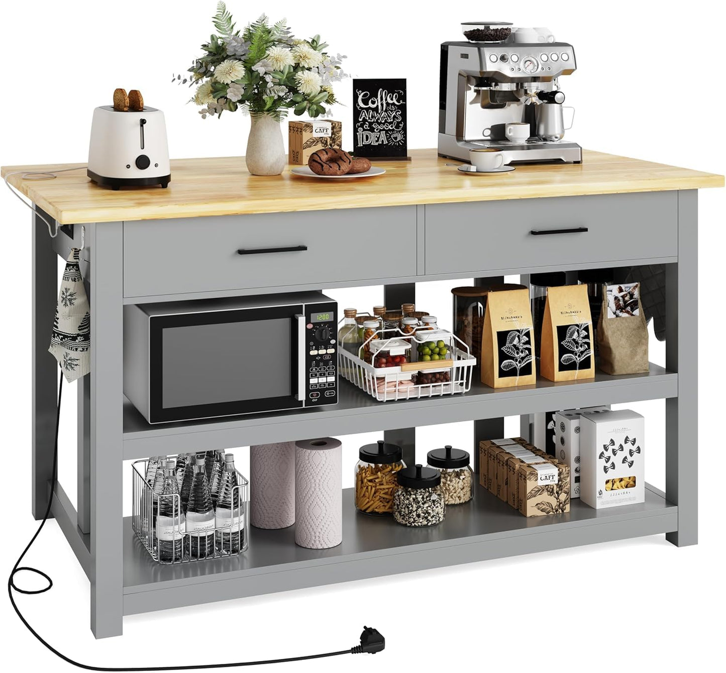 DynJest 47.3" Solid Rubberwood Kitchen Island with Power Outlets - Extra Large Work Surface, 2 Drawers & Open Shelves Storage Cabinet for Kitchen Dining Room, Farmhouse Style (Grey)