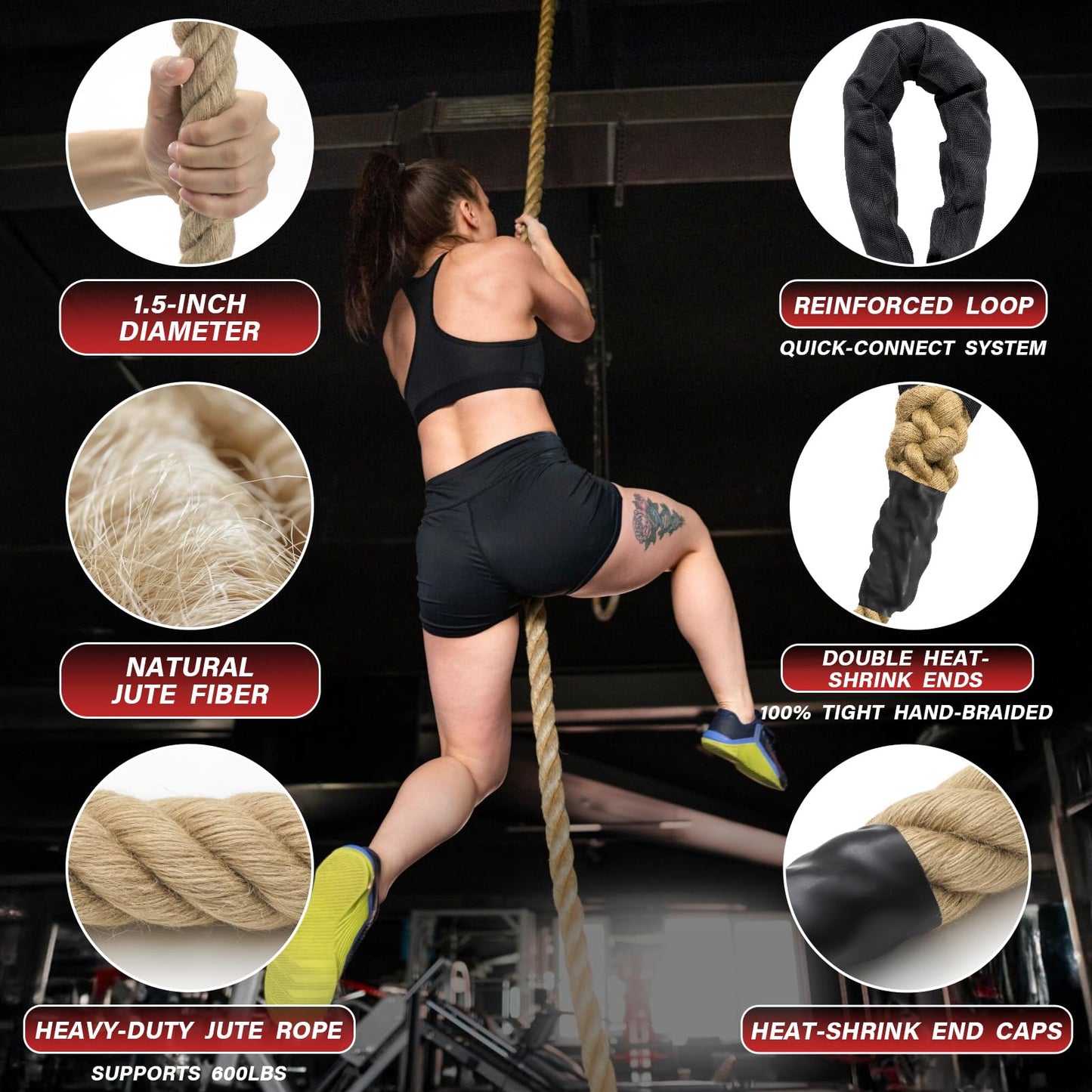 Climbing Rope Gym Workout - 50FT 1.5 Inch Heavy Duty Jute Thick Ropes for Adults Strength Training Outdoor Tree Swing Indoor Home Fitness Exercise