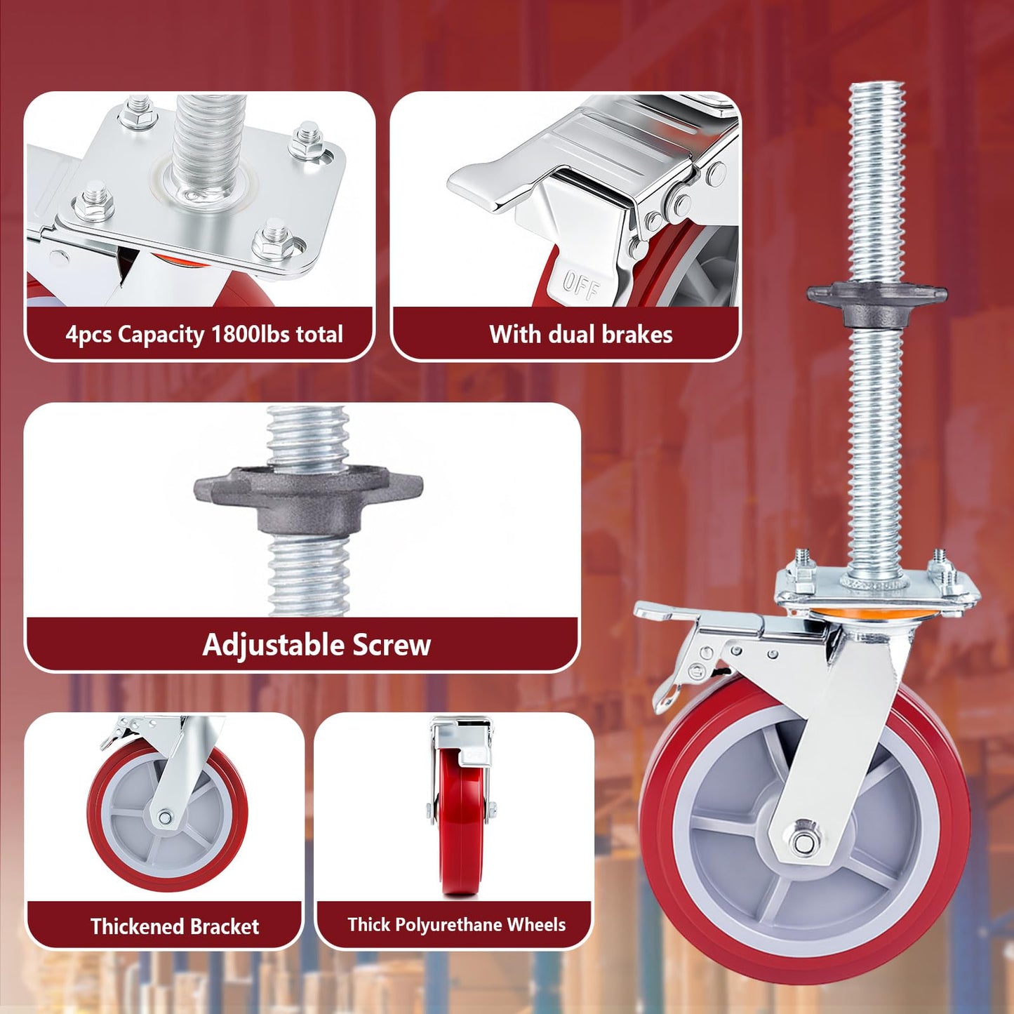 Colingmill 4 Pack 8 Inch Adjustable Leveling Scaffolding Wheels Scaffolding Caster Wheels with Brake 1-1/5" Od Scaffold Screw Swivel Casters Locking Set