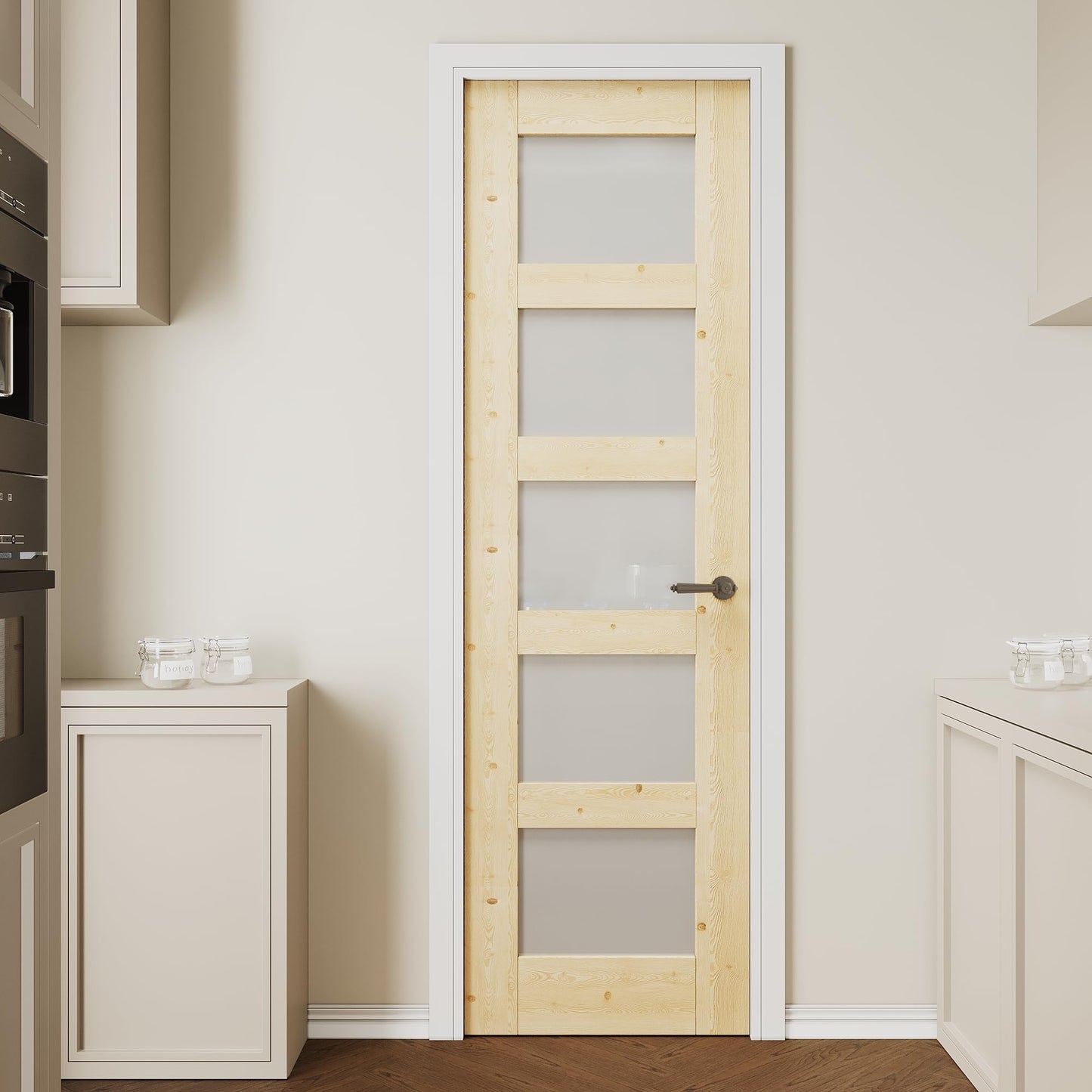 CRUTOP 24"x80" 5 Lite Frosted Glass Interior Door Slab Shaker, Pre-Built Panel for Barn Doors, Pocket Doors, French Door, Pantry, Bedroom, Closet, Laundry & Bathroom, Solid Knotty Pine Wood