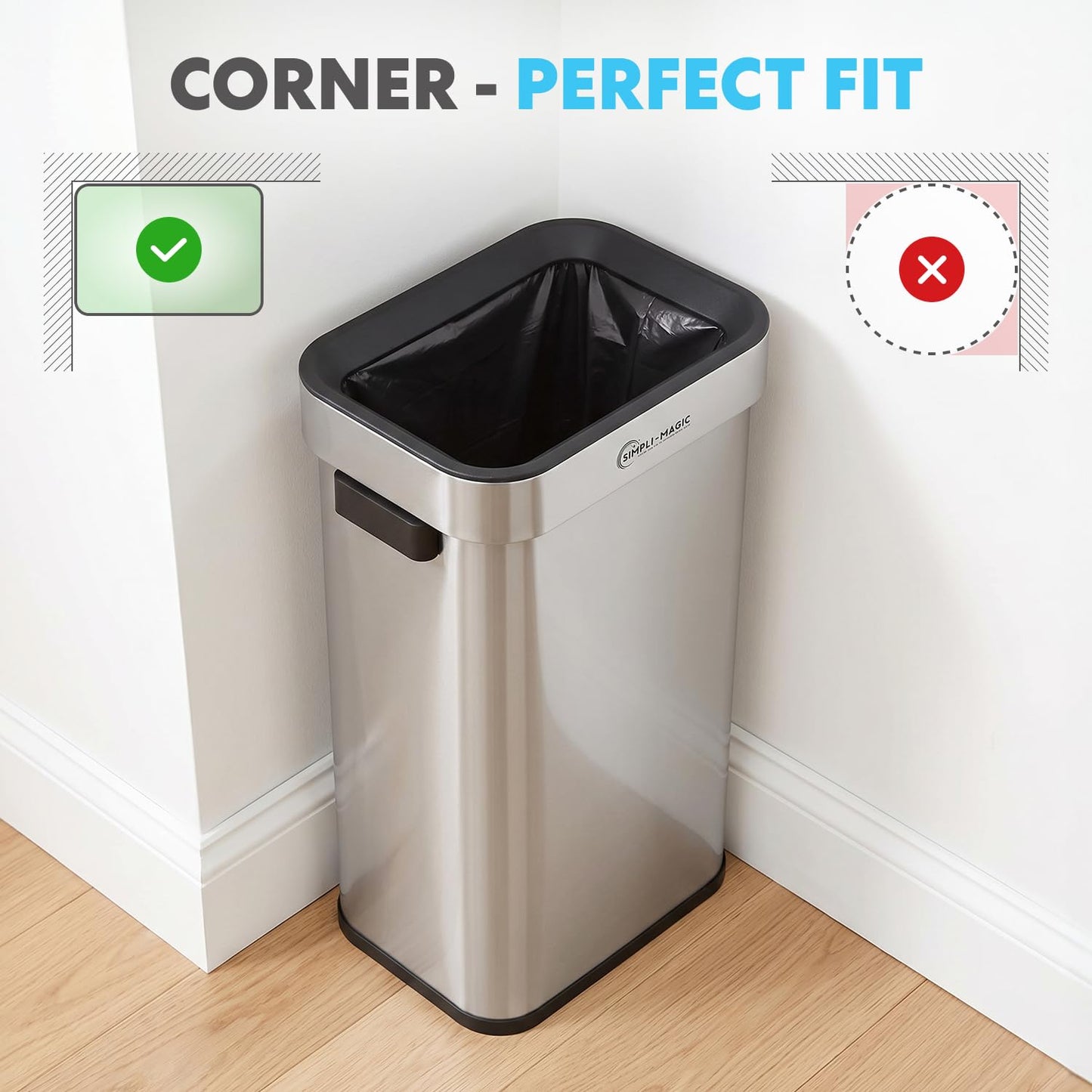 Simpli-Magic 18.5 Gallon (70L) Open Top Trash Can – Rectangular Commercial Trash Can – Smudge-Resistant, Easy to Clean, Non-Skid Base, Brushed Stainless Steel