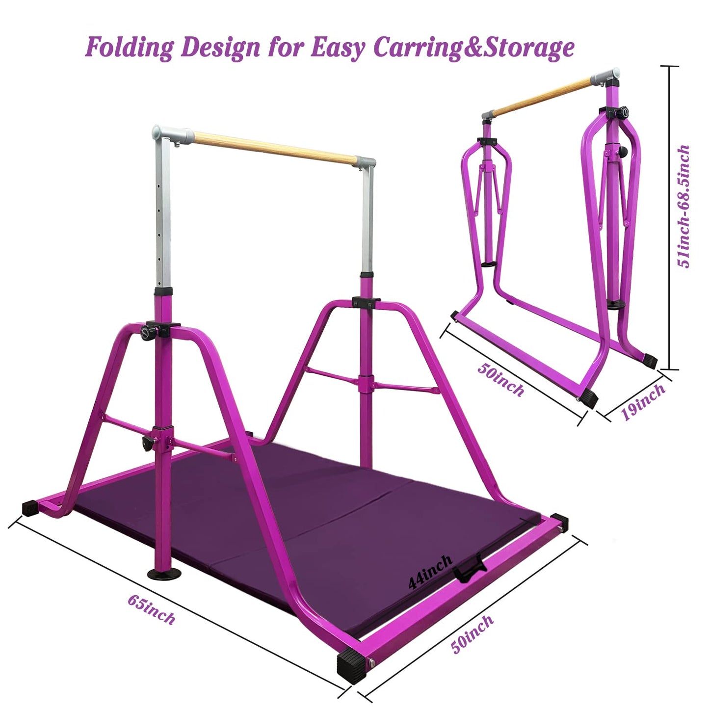 GLANT Gymnastics Bar for Kids with Swing Set, 8 Heights Adjustable Easy Folding Gymnastic Training Bar Kids Monkey Horizontal Bars - Max Load 300LBS (Purple-MAT)