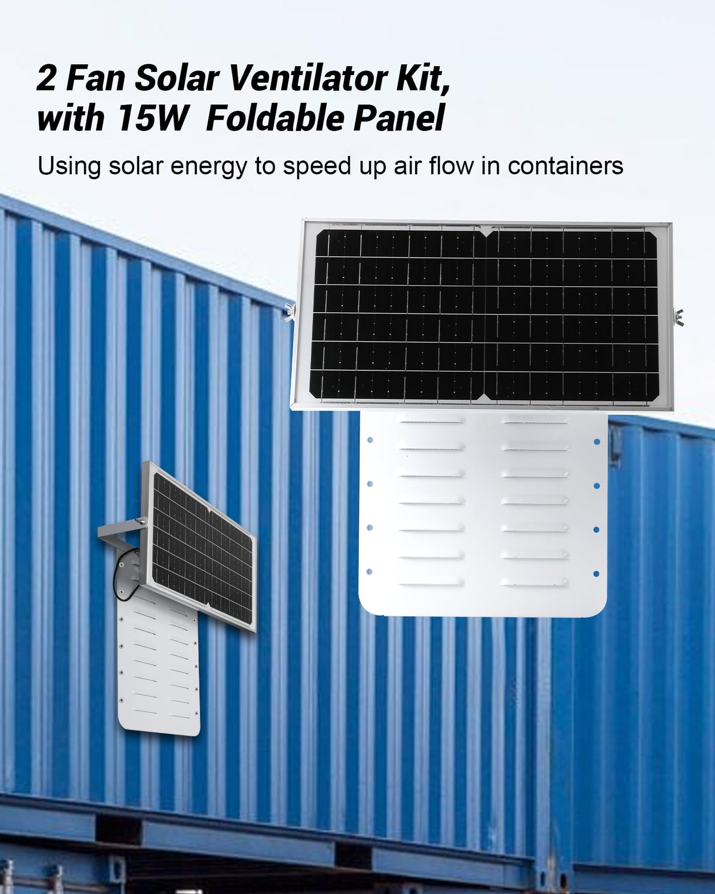 Shipping Container Solar Vent Kit, 2 Fan Solar Ventilator Kit with 15W Foldable Panel, Rain and Hail Proof, Prevent Condensation and Overheating in Container Homes, Shipping Containers (1Pcs)