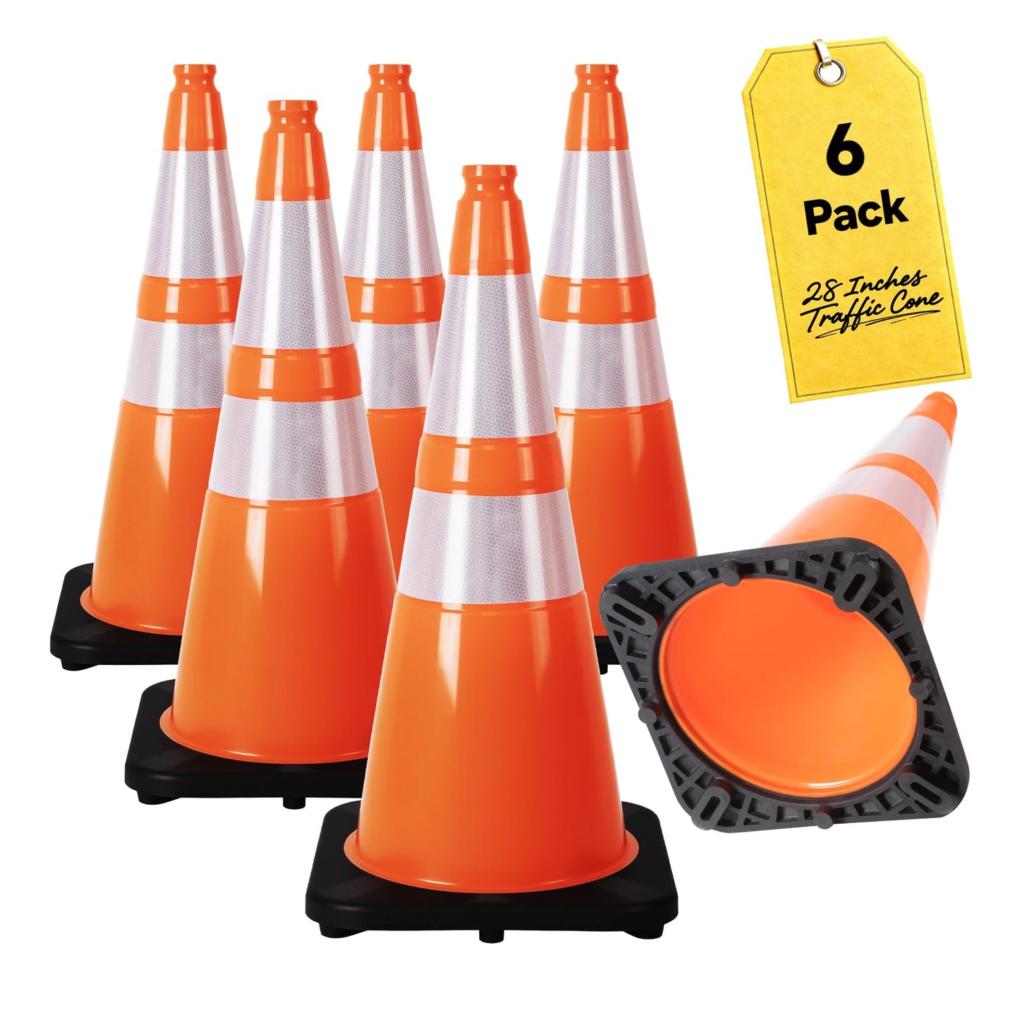 6 Pack 28" Cold Resistant Traffic Cones, 7 lb Heavy Duty PVC Cone with Reflective Film