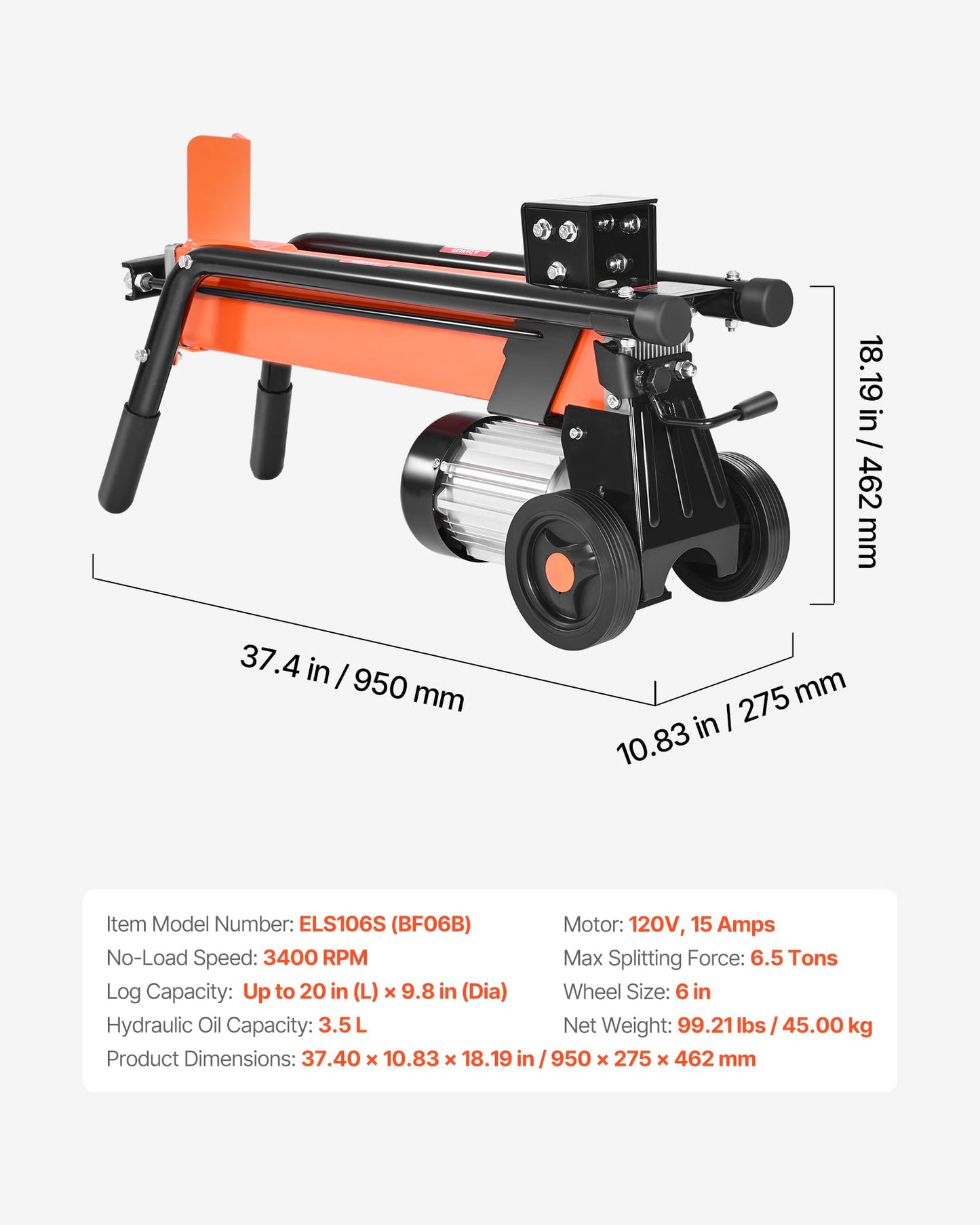 VEVOR Electric Log Splitter, 6.5 Tons Electric Wood Splitter, 1500W 15 Amp Motor, Portable Firewood Splitting Machine with 6" Wheels, Wood Splitters for Forestry Harvesting, Efficient & Secure
