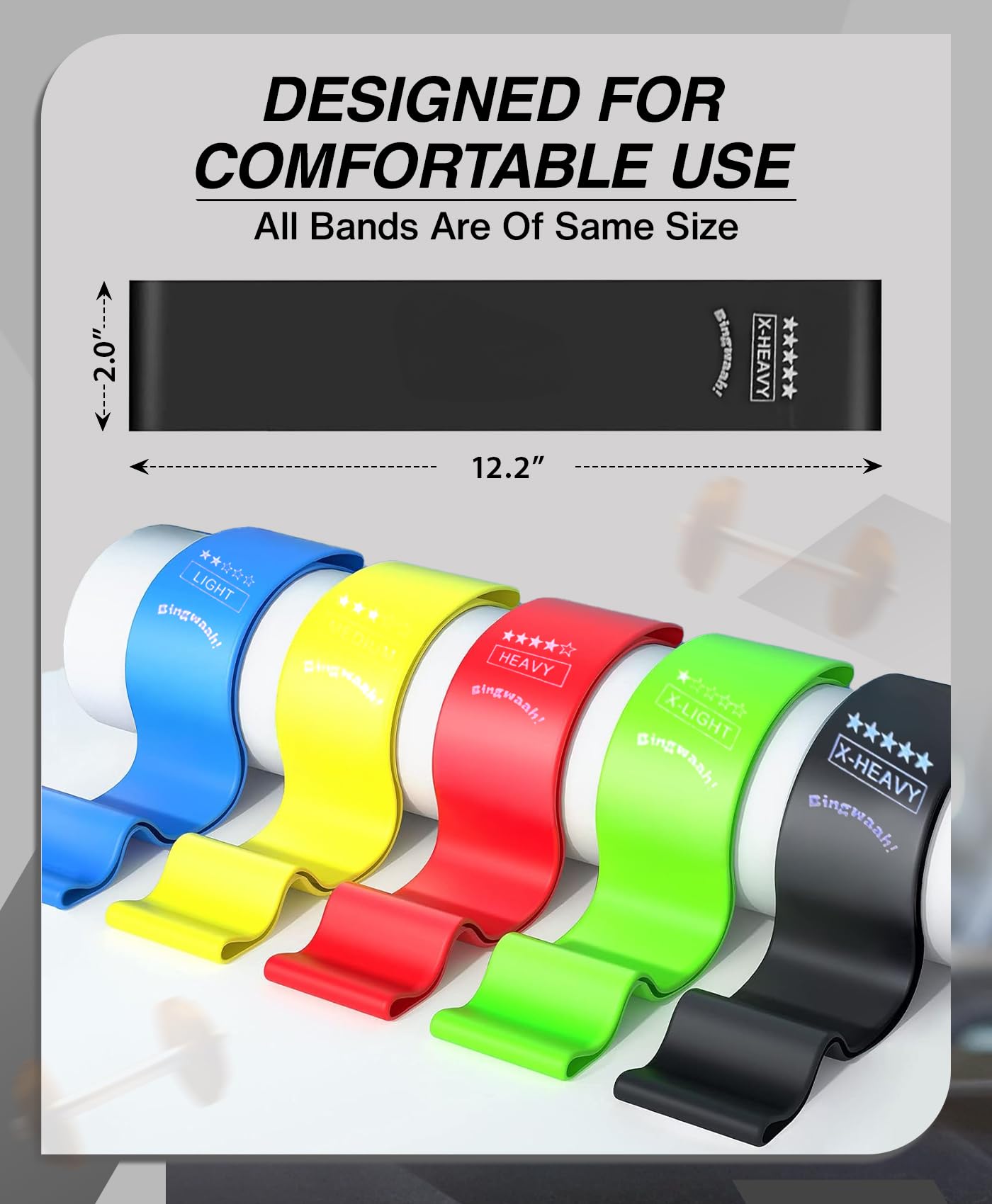 Bingwaah Mini Loop Resistance Bands for Exercise - Set of 5 Elastic Bands for Strength Training & Rehab. Portable & Durable Resistance Bands for Home, Gym & Outdoors with Instruction Guide