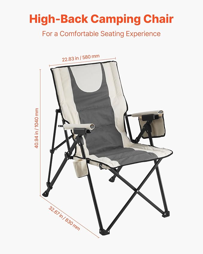 VEVOR Folding Camping Chair, 3 Reclining Positions, Outdoor High Back Camping Chair, 260lbs Weight Capacity, Full Padded Beach Chairs with Armrest & Headrest, Portable Lawn Chairs for Sports Travel