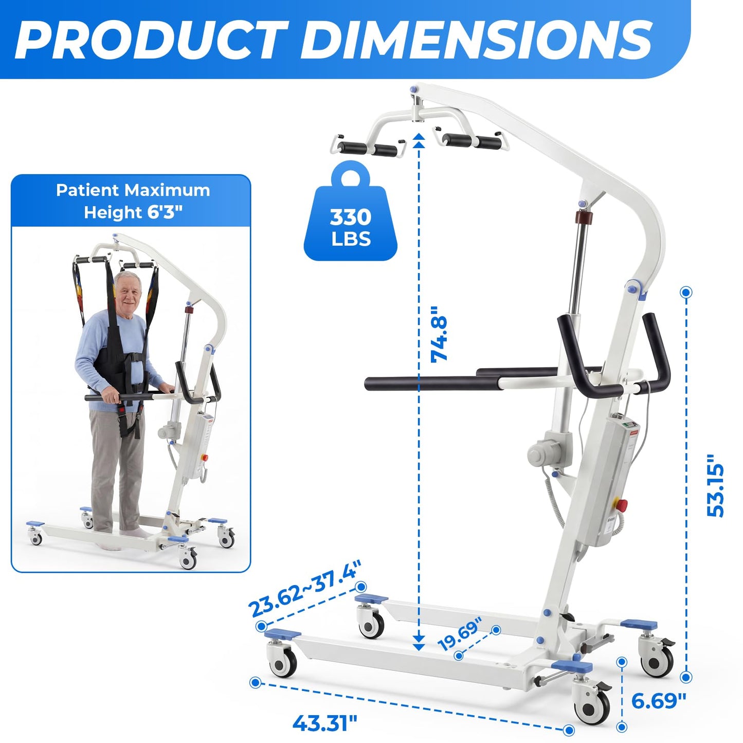 Carearise 3IN1 Electric Patient Lift - Body Transfer & Assisted Walking Mode, Battery Powered Stand Up Lift with 2 Slings, Multi Functional Mobility Aid for Elderly Disabled Home Rehabilitation