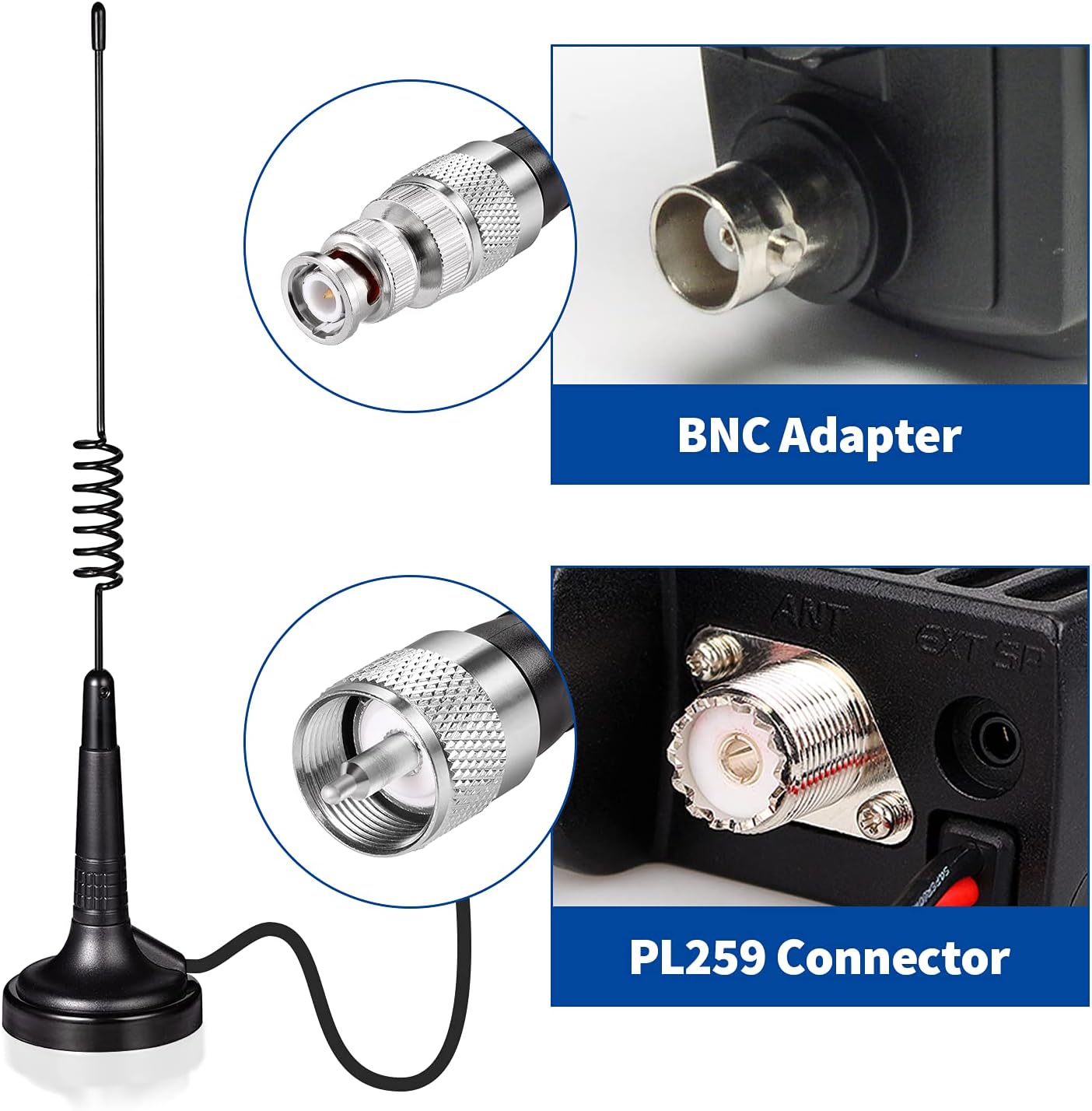 BINGFU 27MHz PL259 CB Radio Antenna & BNC Male Magnetic Base Compatible with Cobra Midland Uniden Maxon President