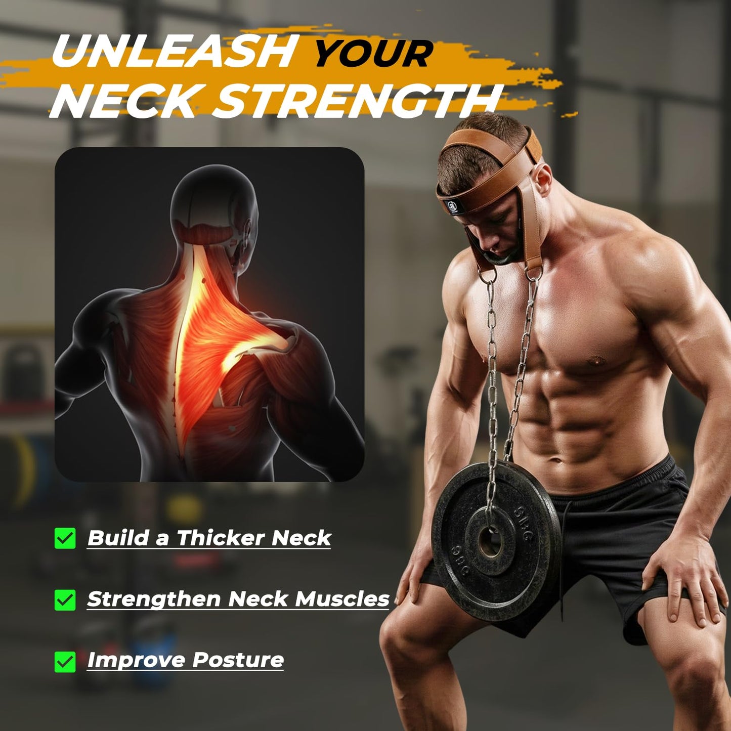 Leather Neck Harness for Weight Lifting – Adjustable Head Strap with Heavy-Duty Steel Chain & Microfiber Padding – Neck Exerciser for Bodybuilding, Boxers & Gym Workout (Brown)