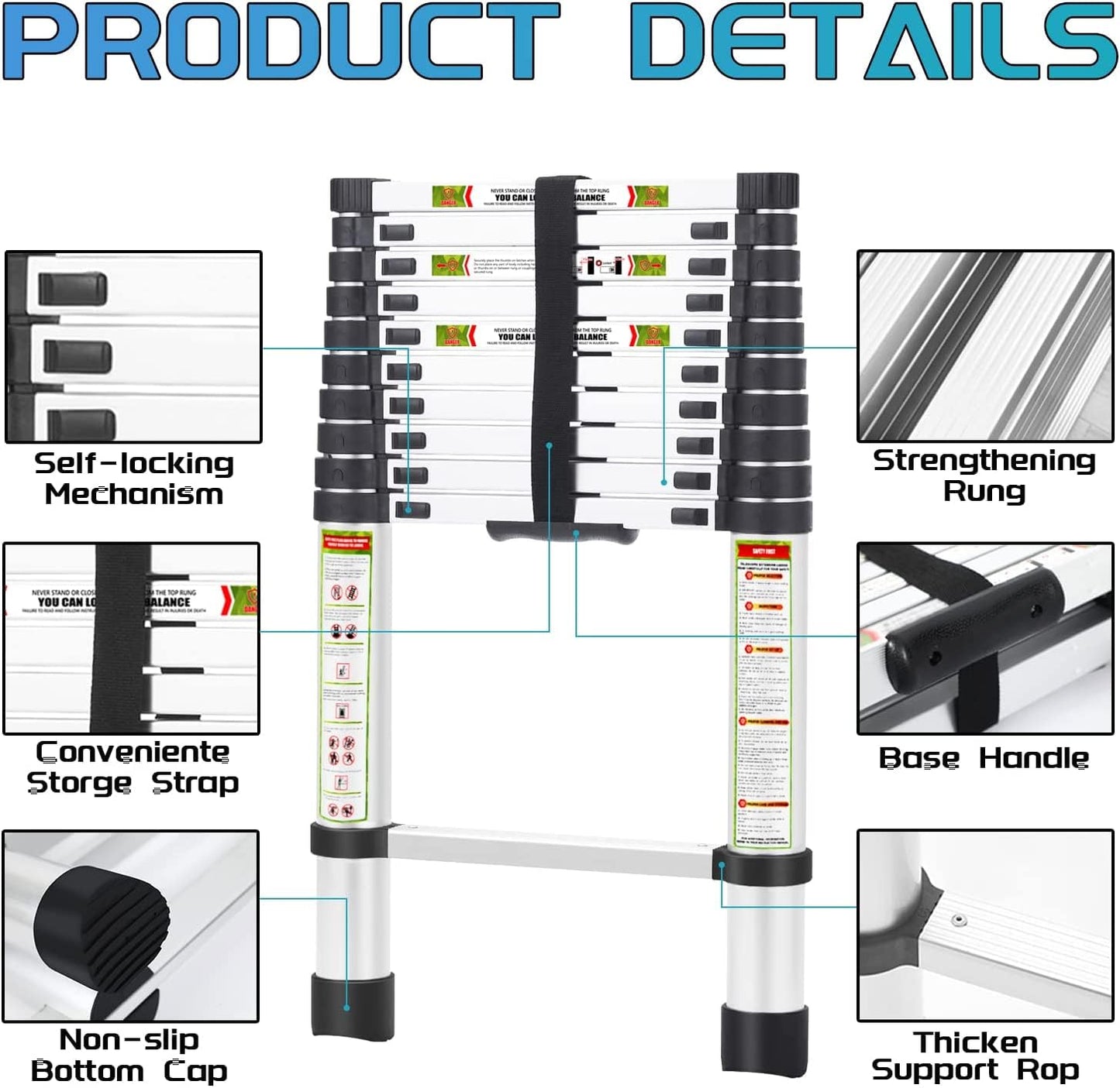RIKADE Telescoping Ladder 20.3FT & Attic Ladder, Heavy Duty Aluminum with Non-Slip Feet, 330lb Capacity for RV, Attic, Roof & Multi-Surface Use