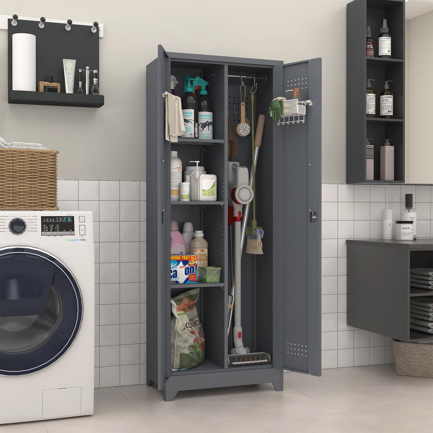 STEELIST Broom Closet Storage Cabinet, Steel Locking Cabinet with Hanging Rod, 65" Cleaning Storage with Doors and Hooks, Tall Broom Tool Cabinets for Office, Garage