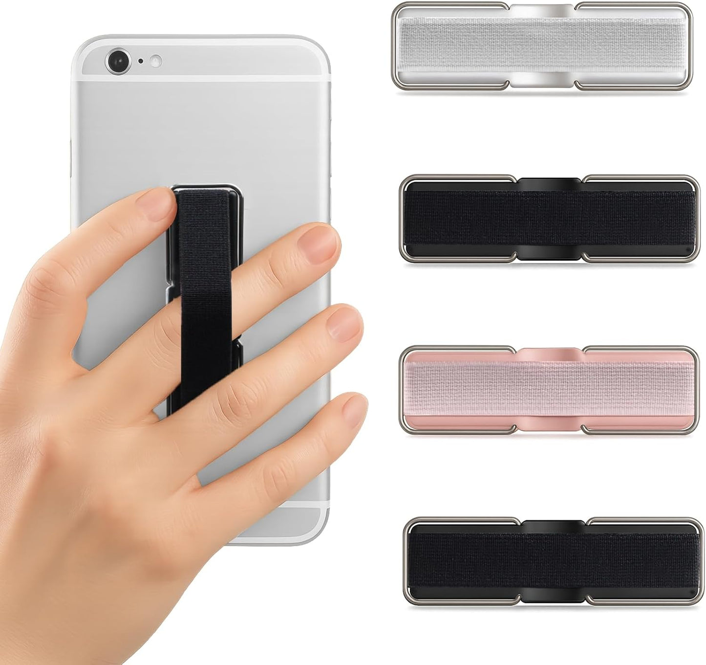 Ceemiaa 4-Pack Phone Strap Grip Elastic Finger Holder & Kickstand with Strong Adhesive for Smartphones | Black, Silver
