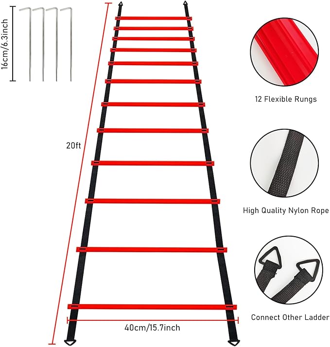 Pro Speed & Agility Training Set—Includes 12 Rung 20ft Adjustable Agility Ladder with Carrying Bag, 12 Disc Cones, 4 Steel Stakes, 1 Resistance Parachute, Use Equipment to Improve Footwork Any Sport