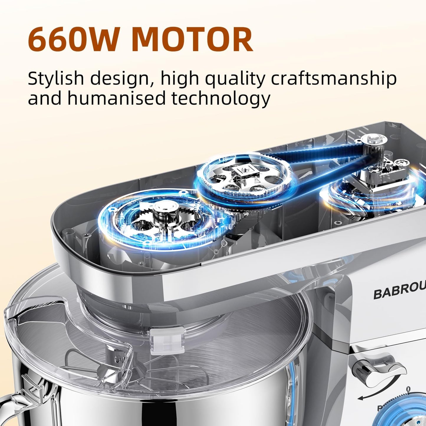 Babroun Dough Mixer 8.45 QT Electric Mixer - 660W 6 Speed Large Capacity Kitchen Stand Mixer with Whisk Dough Hook Mixing Beater Household Food Mixer for Baking Cakes Cookie Bread Salad(Silver)