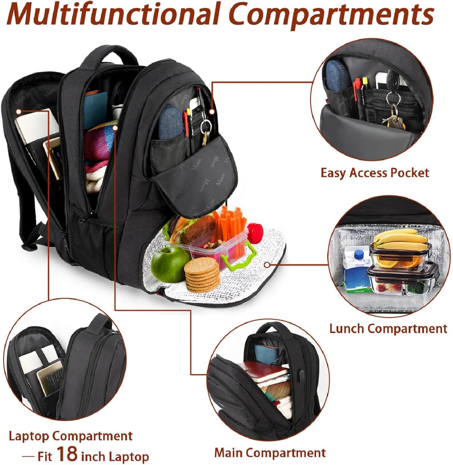 Backpack 18 Inch Backpack pack MATEIN Lunch for Men, Large Insulated Cooler with Lunch Compartment, Water Resistant