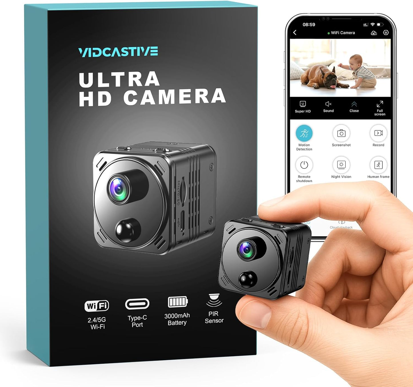 VIDCASTIVE 4K 2.4/5GHz 150 Mini Hidden Camera Dual-Band WiFi Indoor Security Camera with AI Human Detection, Night