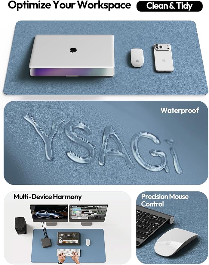 YSAGi Leather Desk Protector, Office Mat, Large Mouse Mat, Non-Slip PU Leather Blotter, Laptop Desk Mat, Waterproof Writing Pad for Office and Home(Blue, 63" x 17.2")