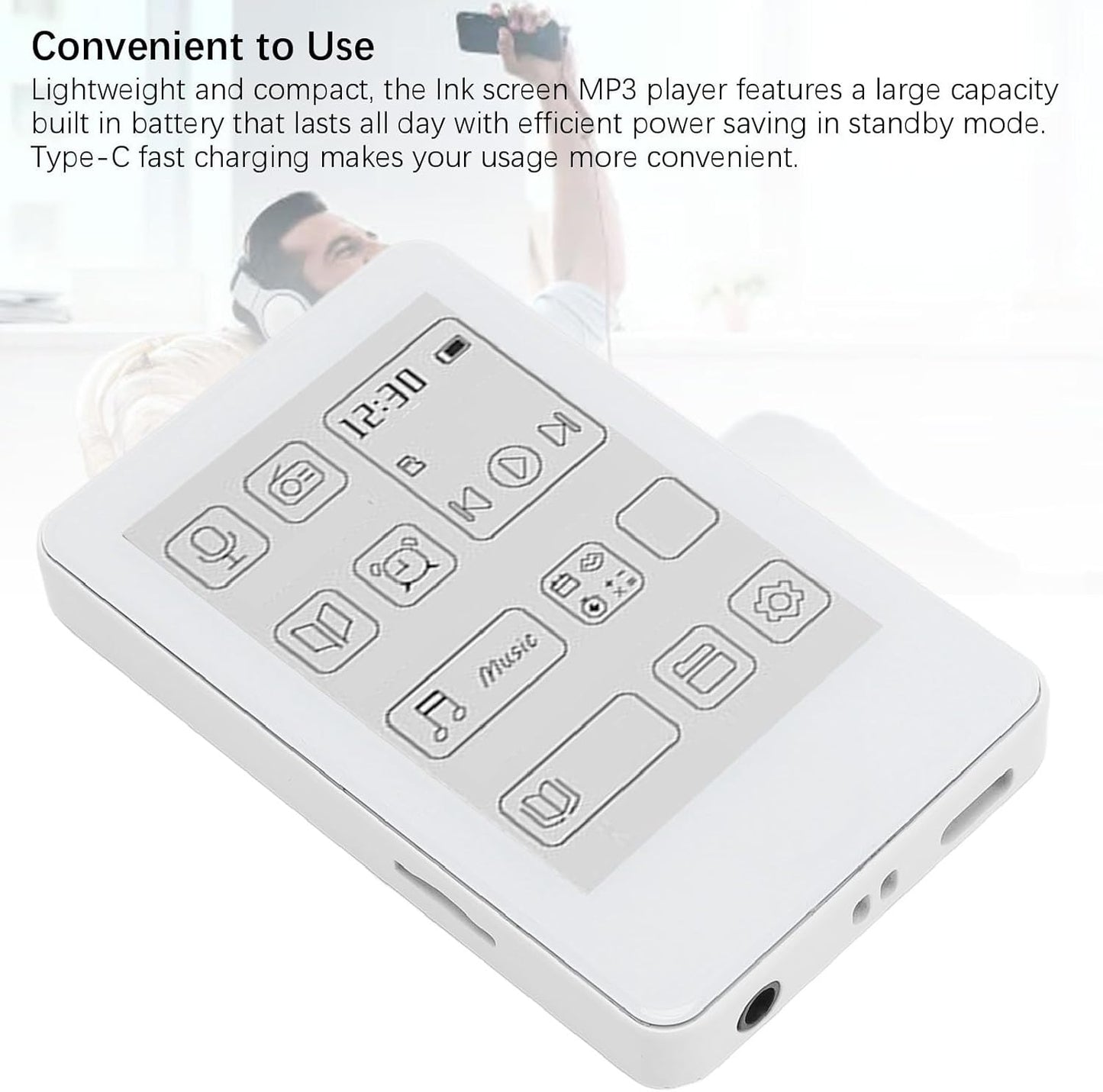 XUMIUZIY MP3 2.7in Player, HD Ink Screen Music Player, Electronic Book HiFi Sound Type C Fast Charging for Home Outdoor