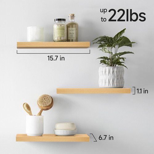 BAYKA Floating Wall Shelves - Rustic Wood Design for Bathroom, Bedroom & Living Room | Set of 3, Light Oak 15.7in